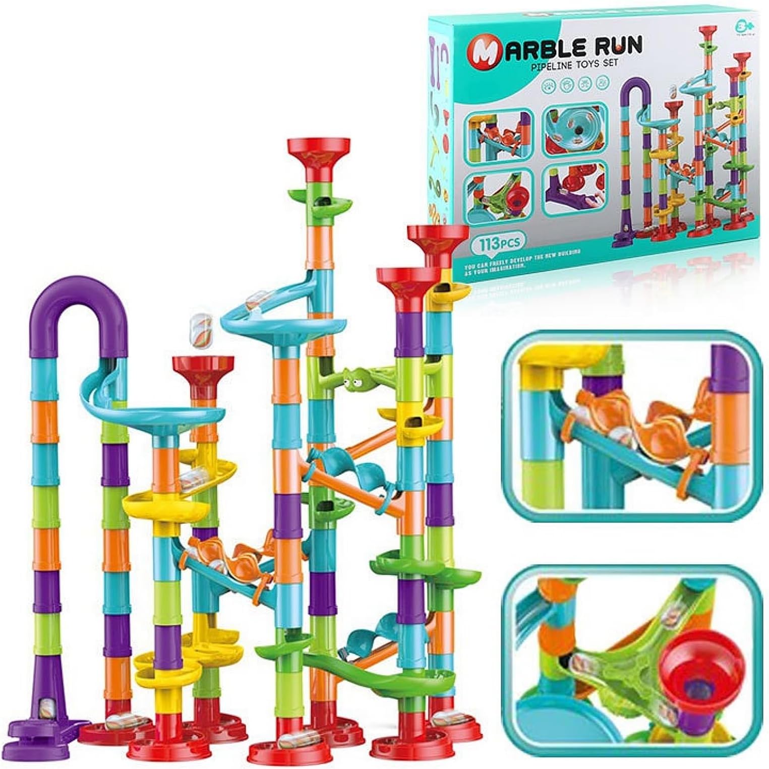 113 Pcs Marble Run for Kids,Marble Run Compact Set, STEM Learning Toy, Construction Building Blocks Toys, STEM Marble Runs for Kids 4-8.