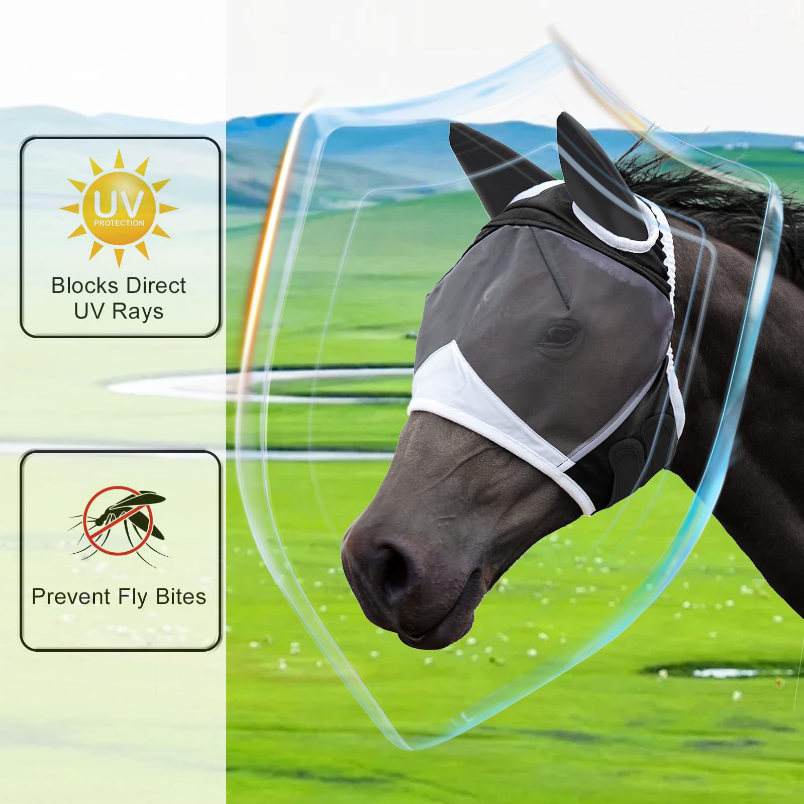 Máscara Anti Moscas para Caballo，Elasticidad Máscara Anti-Moscas Protección con Orejas，Excelente Comodidad con Protección UV，Adecuado para Caballos Afectados por Mosquitos