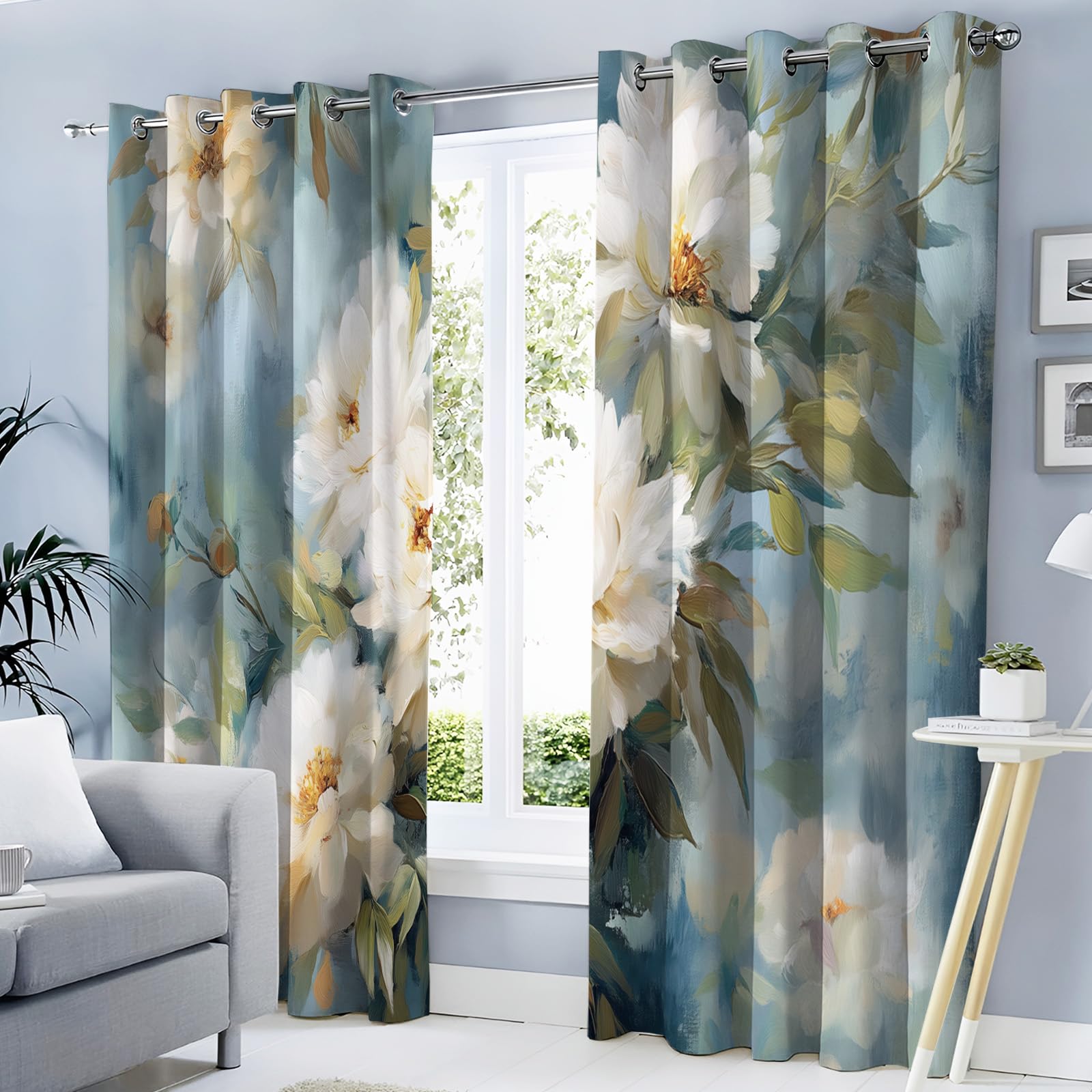 Rideaux occultants bleu clair 140x260 cm style peinture pivoine blanche pour salon lot de 2