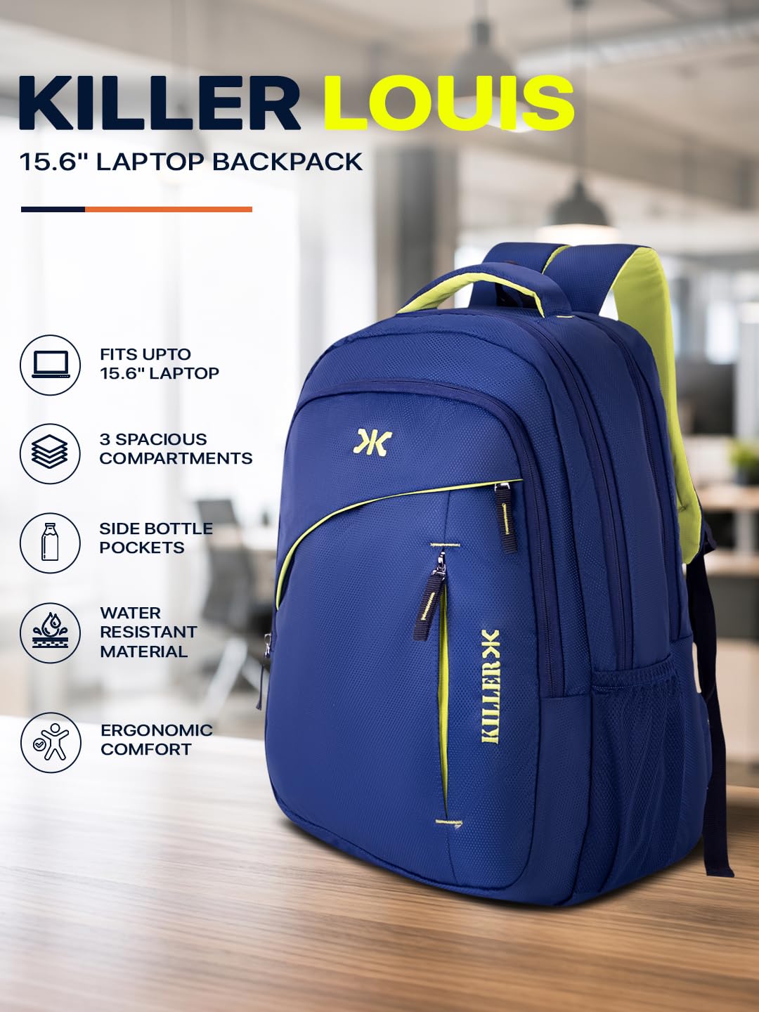 KILLER Louis 38L Laptop Backpack | Spacious Travel & Work Bag with Padded Laptop Compartment, Organizer - Navy Blue