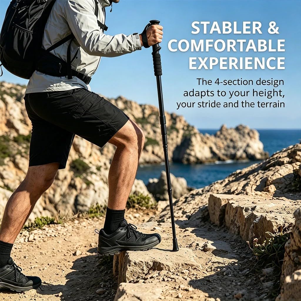 Adjustable Aluminum Hiking Pole, Collapsible & Telescopic Ultralight Travel Trekking Hiking Pole, Ergonomic Hiking Poles for Balance, Posture & Stability – Durable Trekking Poles for Walking
