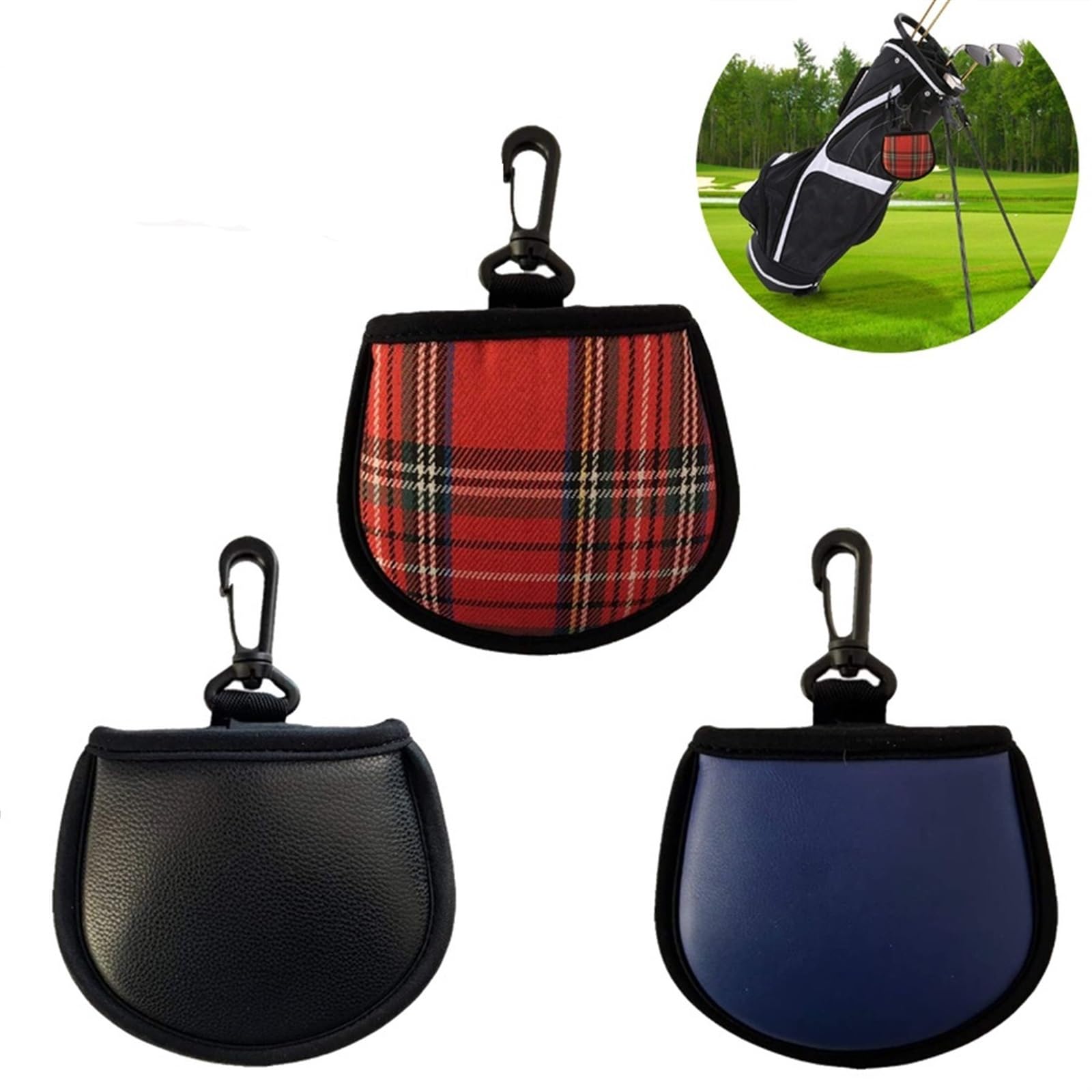 Golfball-Reiniger-Taschen Golfball-Reiniger-Beutel mit Clip, Pu-Leder-Reinigungstasche, Unterlegscheibe, Golfball-Reiniger(2 Pcs Red Grid)