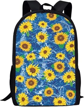 Blue Sunflower Backpack for Boys Girls Elementary Cute School Bag with Padded Back Adjustable Straps Personalized Trendy Large Capacity Backpack 17 Inch Student Basic Bookbag