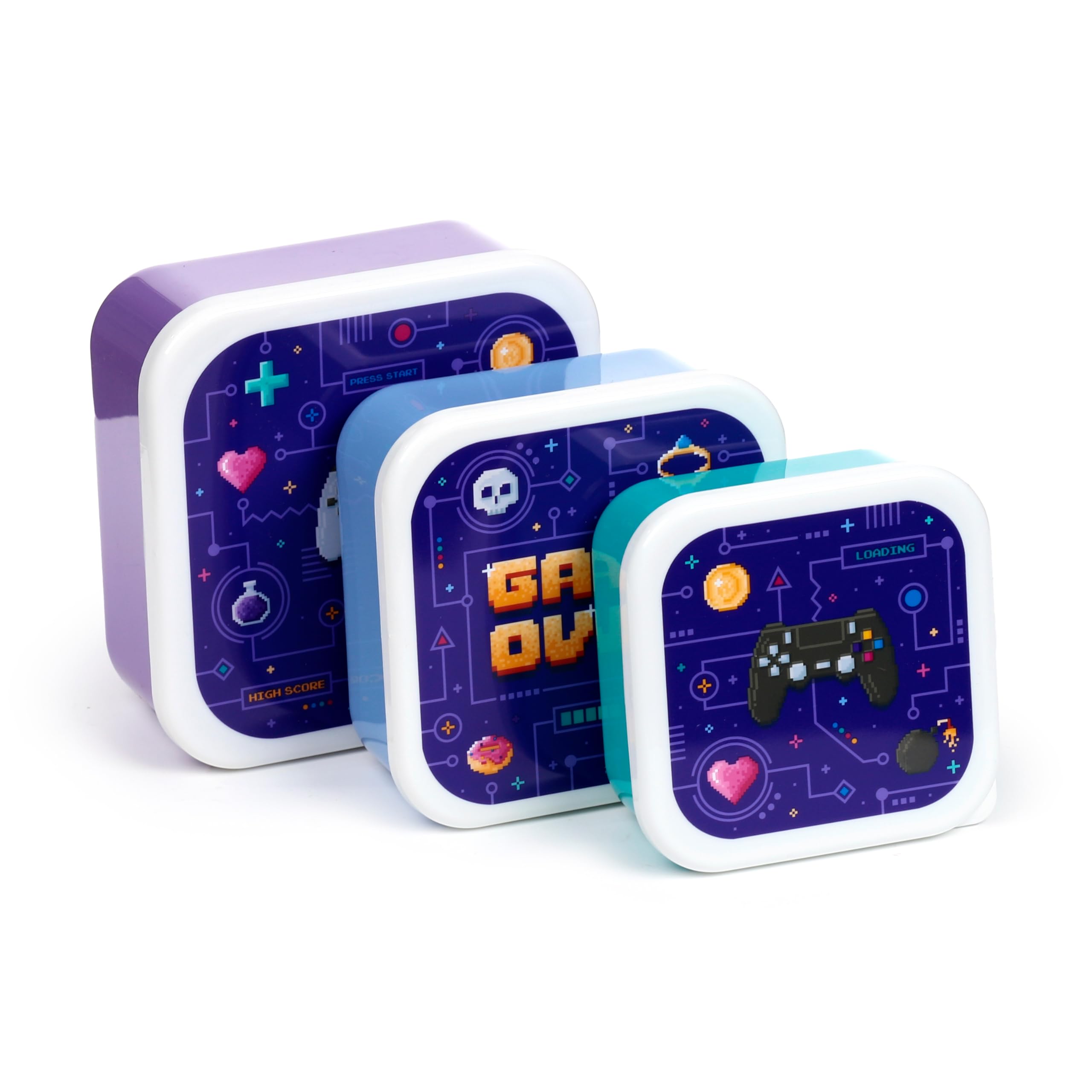Puckator Multicolour Set Of 3 Stacking Food Containers M/L/Xl – Game Over – Lunch Box