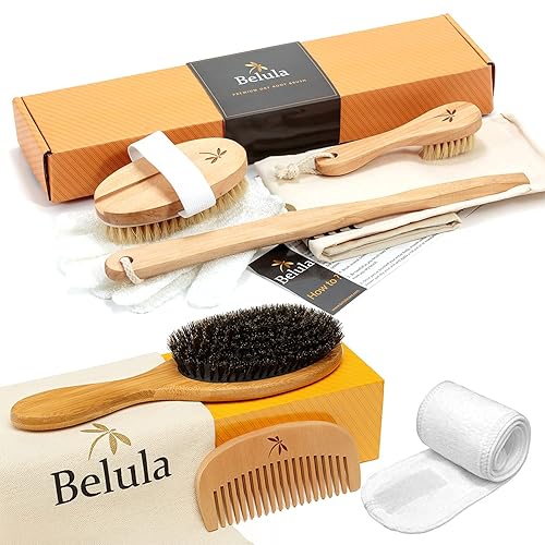 Belula Cuidado orgánico de la piel y el cabello. Juego de cepillos corporales de cepillado en seco y juego de cepillos de pelo 100% con cerdas de