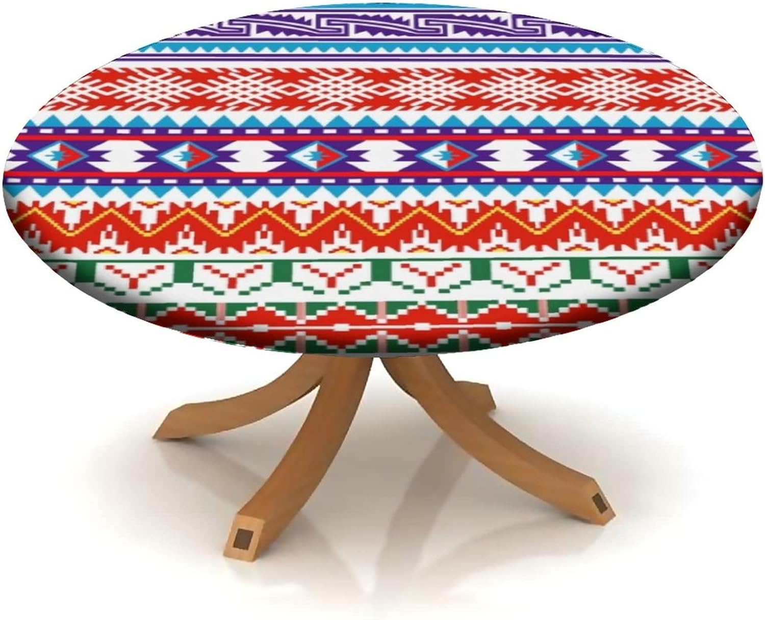 Native American Fitted Round Tablecloth, Waterproof Table Cover for Kitchen Dining Room, Geometric Traditional Culture Decoration Spill Proof Fabric Tablecloths for 48"-52" Table, White Green Red