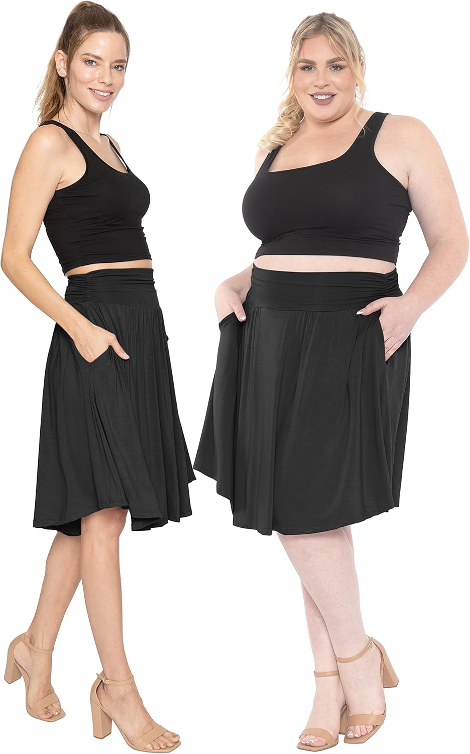 STRETCH IS COMFORT Women's and Plus Size Scoop Hem Flare Mid Length Skirt with Pockets | S-5X - Image 2