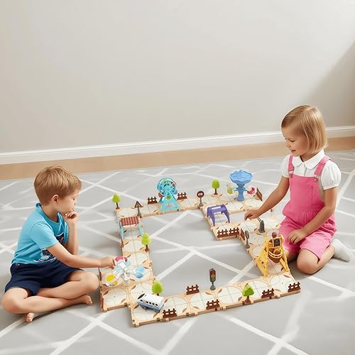 Miniatura 4 de Juego de trenes eléctricos de 125 piezas para niños pequeños y niños, juguetes STEM Logic Road Builder, juguete de trenes con pilas y pistas,