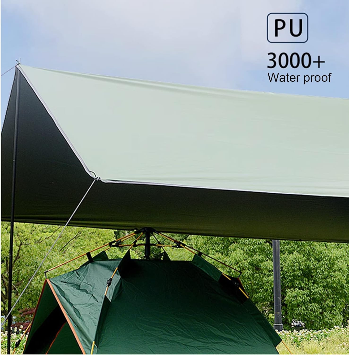 Tent Tarp with 2 Poles,Light Ripstop Waterproof Portable Tarp Multifunctional Outdoor Camping Traveling Awning Backpacking Tarp Shelter Rain Tarp PU3000mm-Anti-UV,Green (450x600cm(14.8x19.7ft)) ()