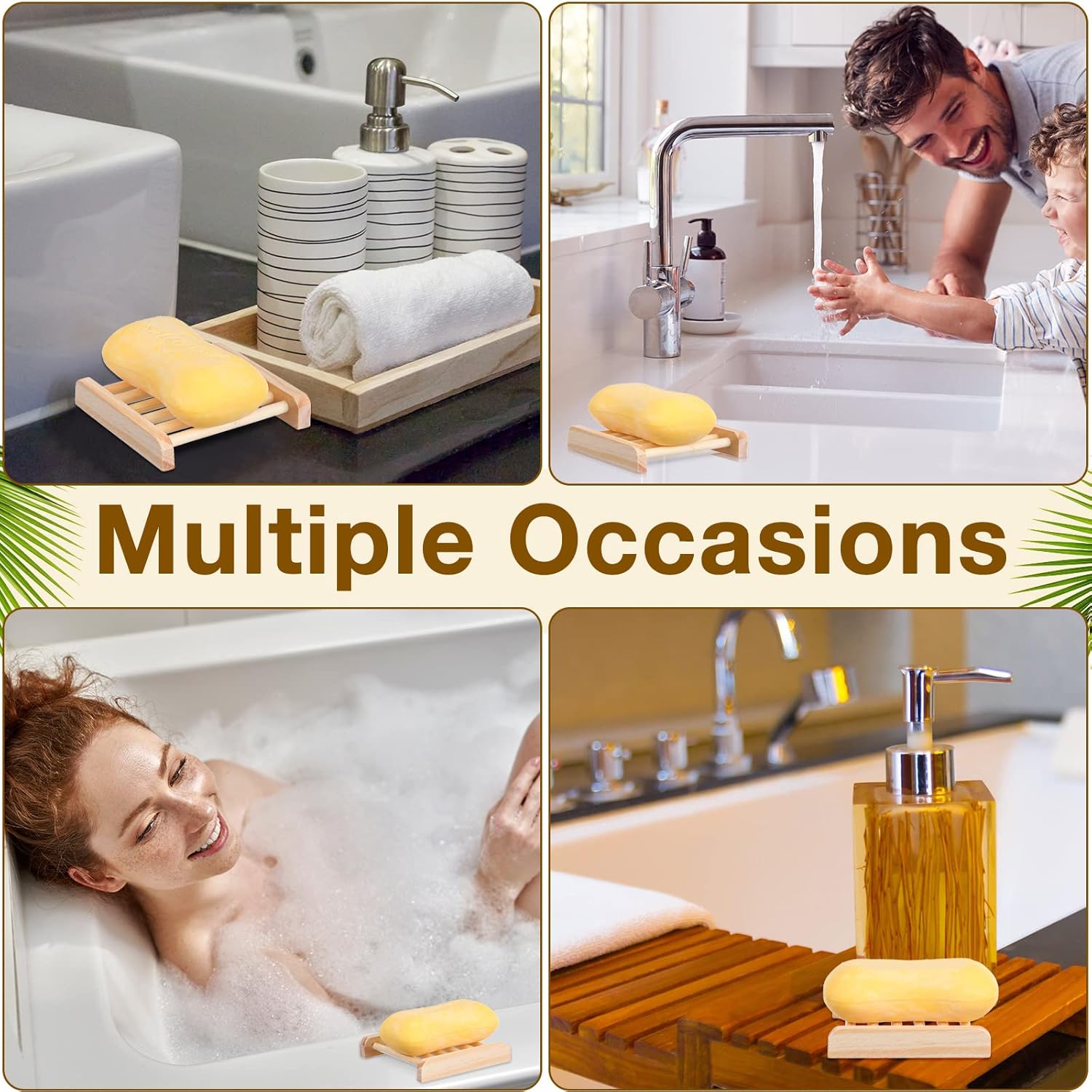 Amyhill 70 Pcs Bamboo Wood Soap Dish Bulk Bathroom Wooden Soap Holder Savers Self Draining Dishes Handcraft Tray, 3.3 x 3.3 x 0.67 Inch (Wood Color)
