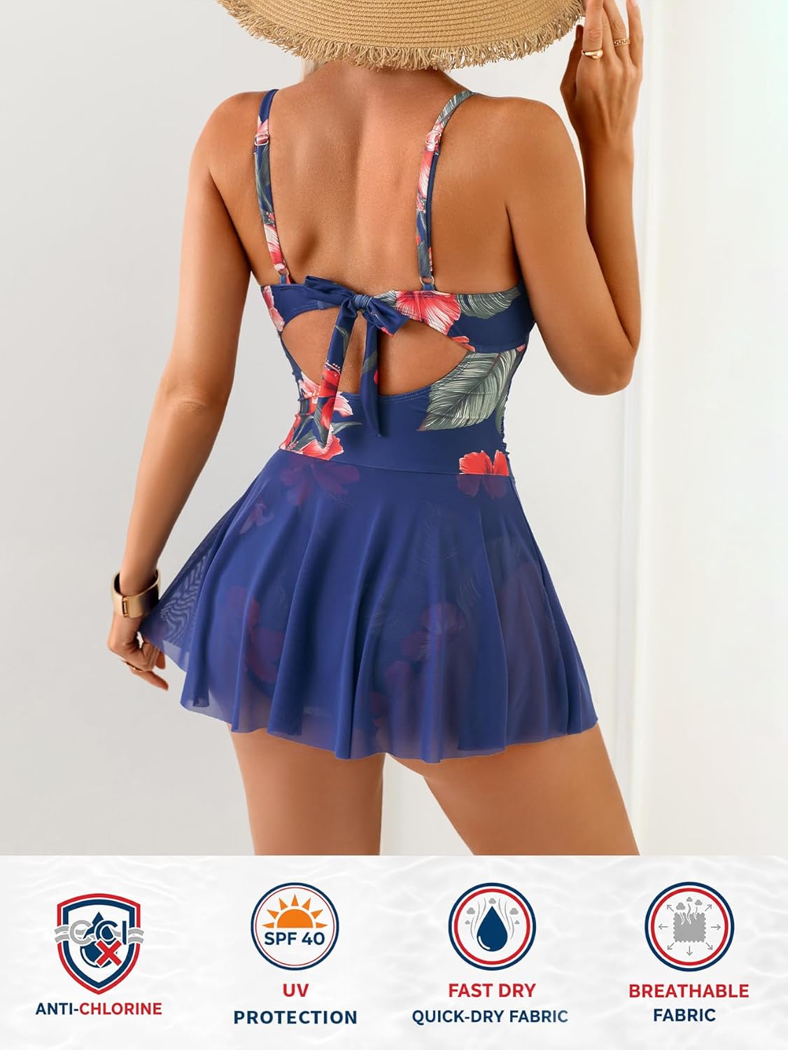 Women's Mesh Skirted One Piece Swimsuit Tropical Printed Backless Swimdress Tummy Control Bathing Suit Tie Back - Image 3