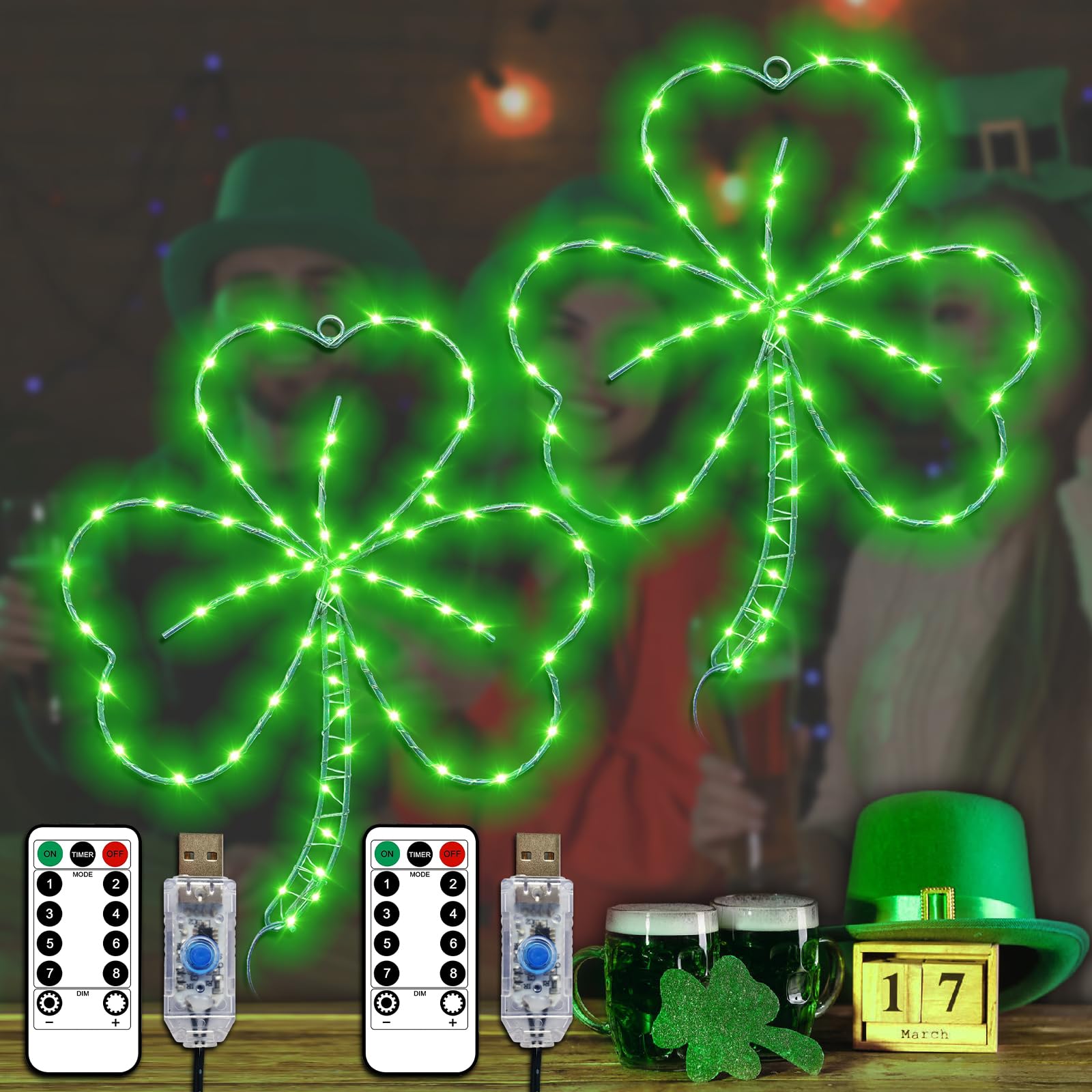 St Patricks Day Decorations,Irish Clover LED Window Lights,13.2IN 58LED Irish Green Iron Frame Silhouette Lights, USB Powered Remote Control Shamrock Lights, Wall Indoor Outdoor Party Favors（2PACK）