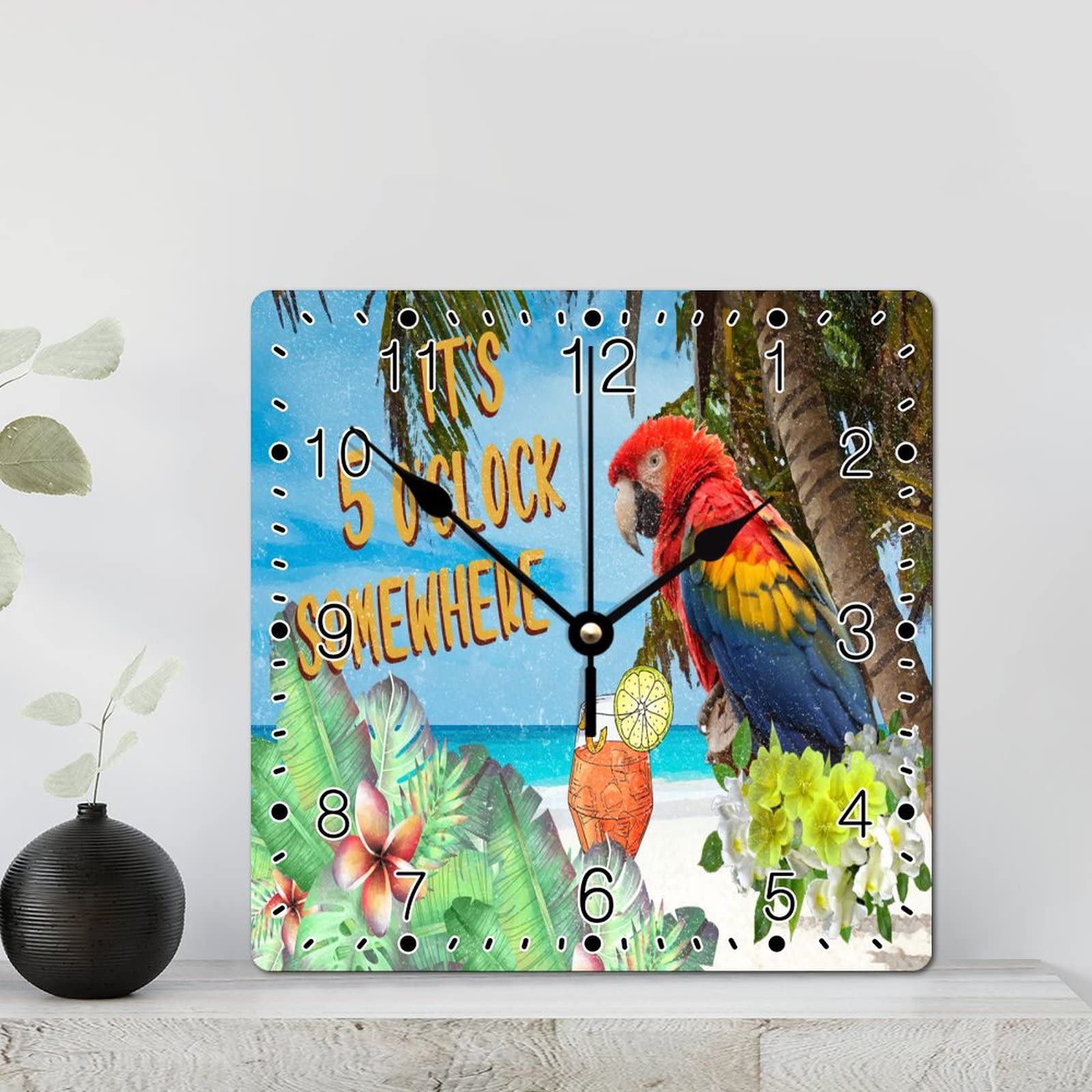 Horloge murale en bois perroquet et fleurs colorées de 30,5 cm silencieuse