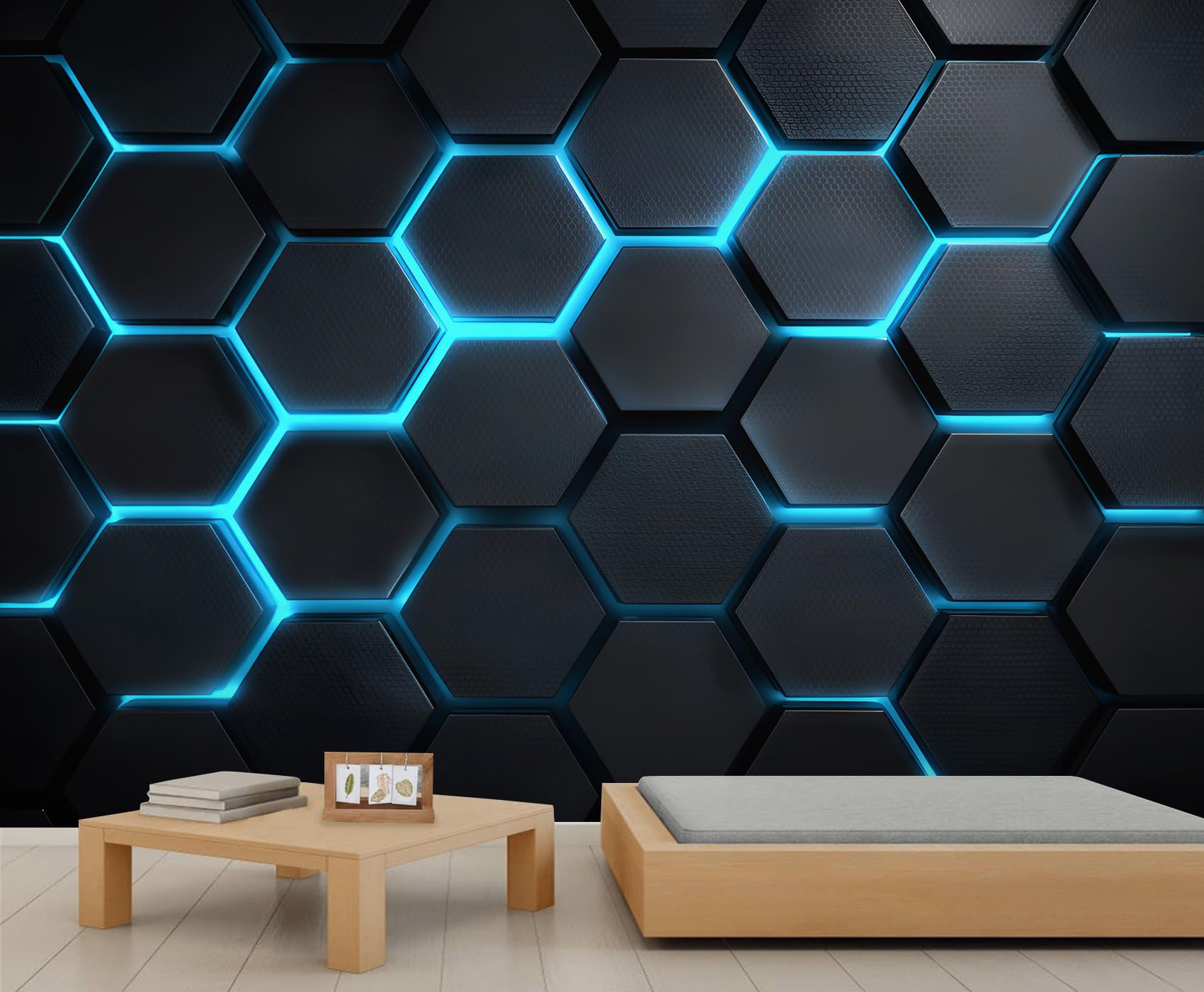 Abstract Honeycomb Hexagons Mural Blue Black Hexagonal Striped Wallpaper Cool Honeycomb Mural Wallpaper for Bedrooms Living Room Room Decor Sofa TV Background Large Wall Painting Poster 490 X 350 cm — image 1