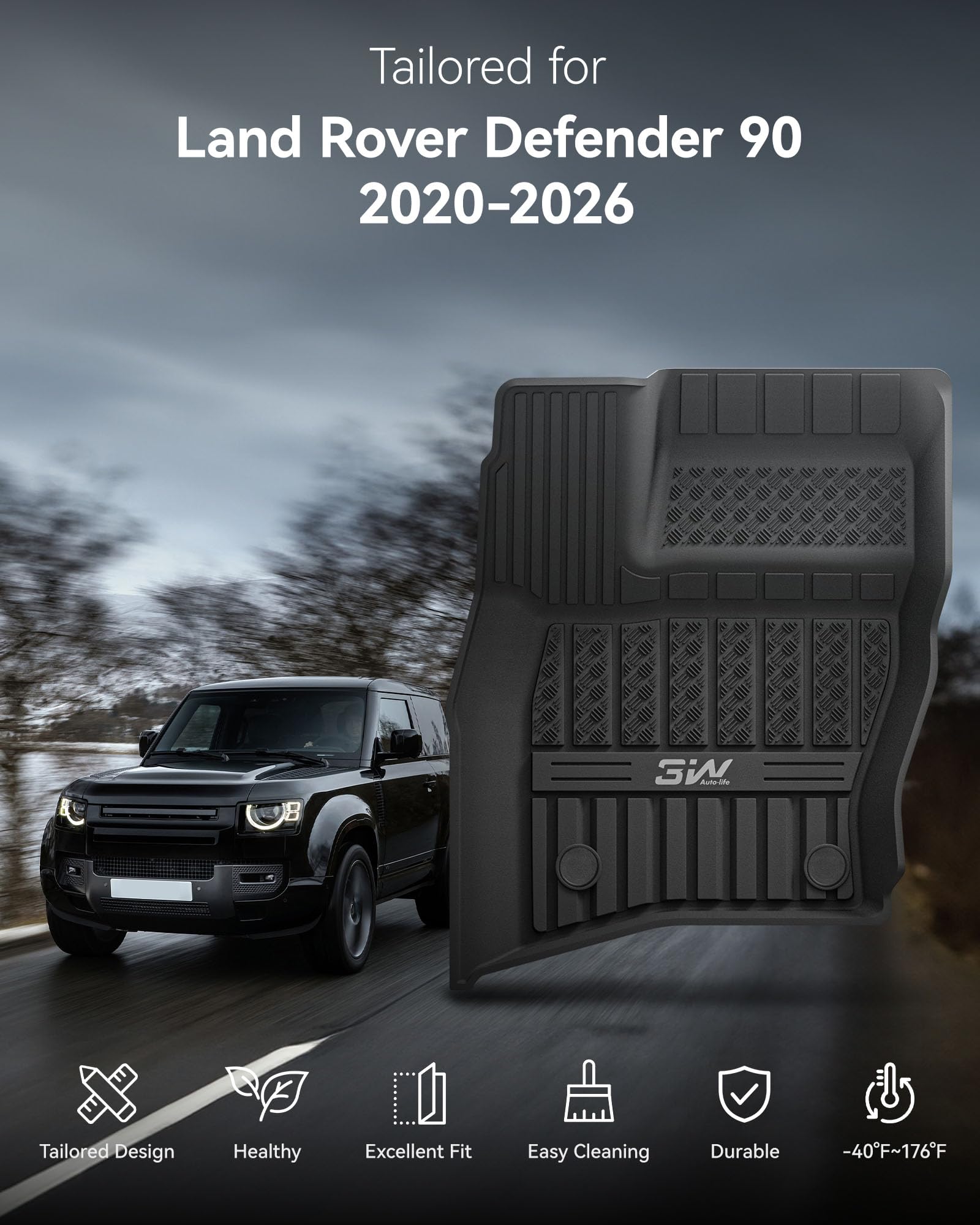 3W Dywaniki samochodowe do Land Rover Defender 90 L663 2020-2024, wykonane na zamówienie maty TPE, bezpieczne dla zwierząt, antypoślizgowe, bezwonne, wodoodporne, łatwe do czyszczenia, akcesoria