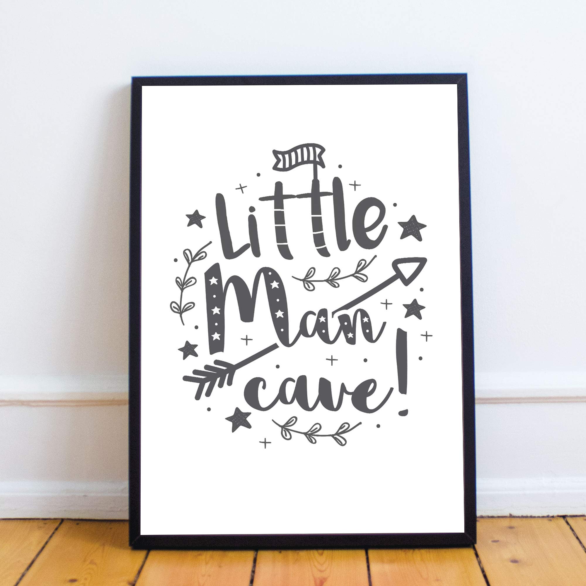 RED OCEAN Cute Boys Bedroom Print Boys Bedroom Wall Art Decor Grey Nursery Print Baby Gift Keepsake (A4 Print with Black Frame - Little Man Cave White Grey)