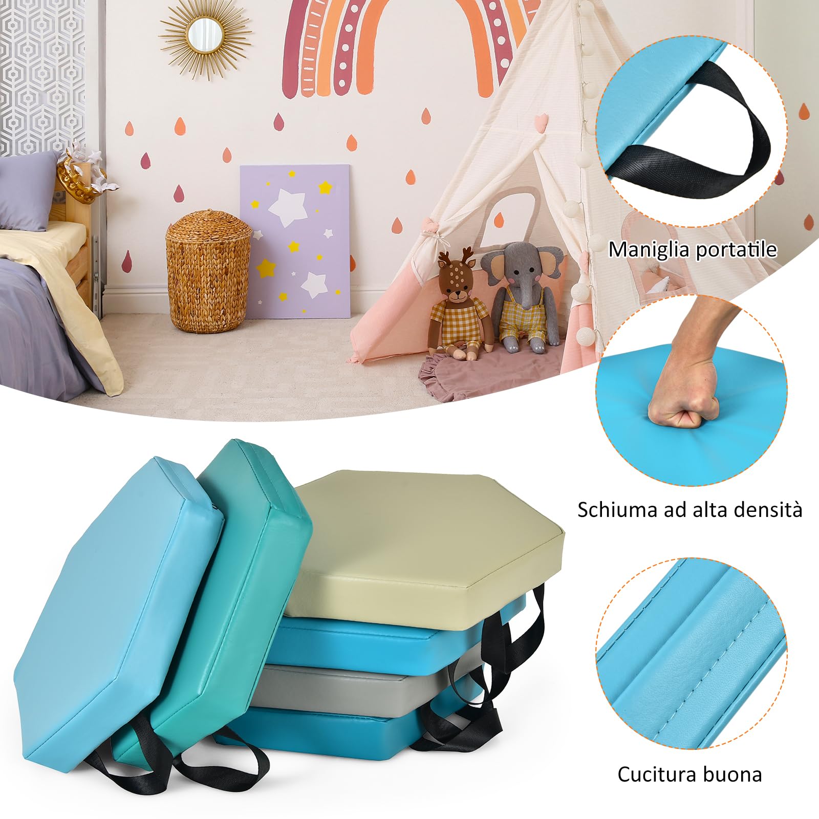 GYMAX Set di 6 Cuscini Esagonali per Bambini 3+, con Maniglia di Trasporto, Impermeabili per Attività Interno Esterno, Tappeto da Gioco Genitore-figlio, 38 x 34 x 5 cm (Blu)