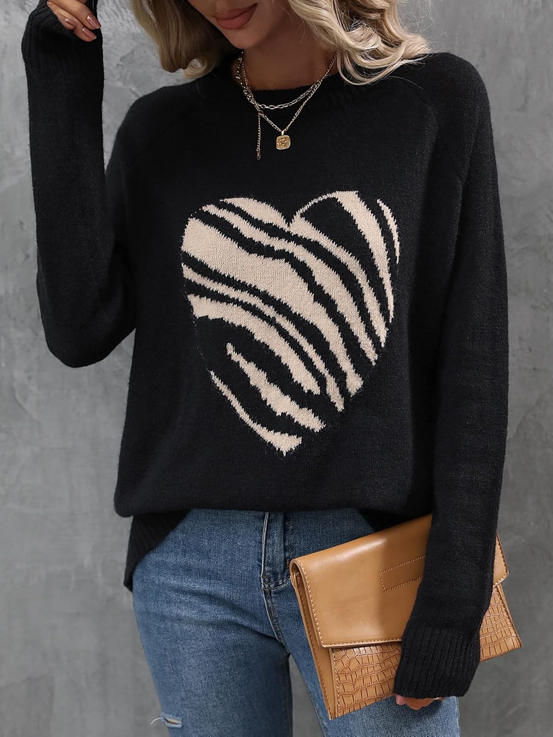 Women's Sweater Heart Pattern Raglan Sleeve Sweater Sweater for Women (Color : Black, Size : Medium)