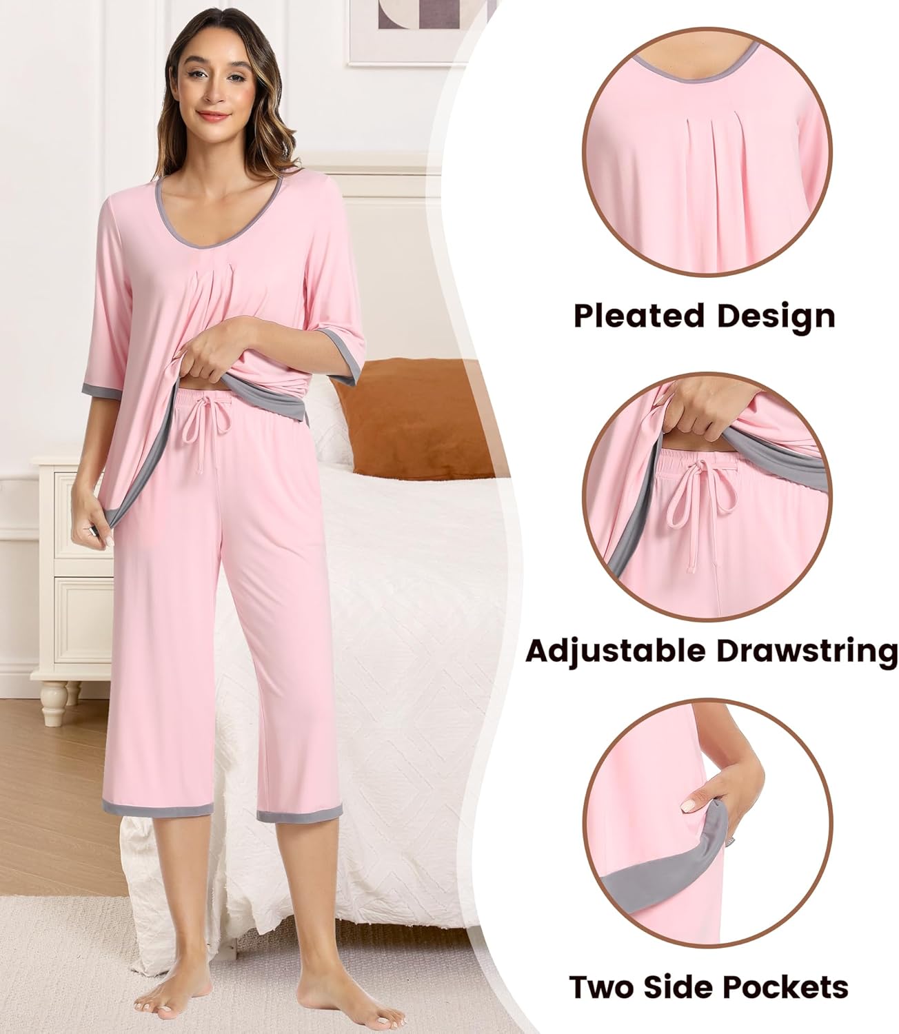 NACHILA Pajamas for Women-Viscose Made from Bamboo, Soft 3/4 Sleeve Pjs Summer Capri Pants Pajamas Set Cooling Sleepwear - Image 4