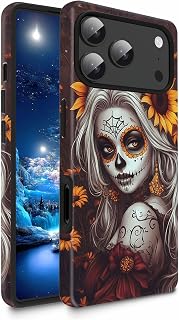 Bxgolkgd TPU+PC Phone Case for iPhone 17 Pro 6.3",Dual Layer Shockproof Protective Cover,Anti-Fall Rugged Shell for Men Women,Day of The Dead Sugar Skull Sunflower