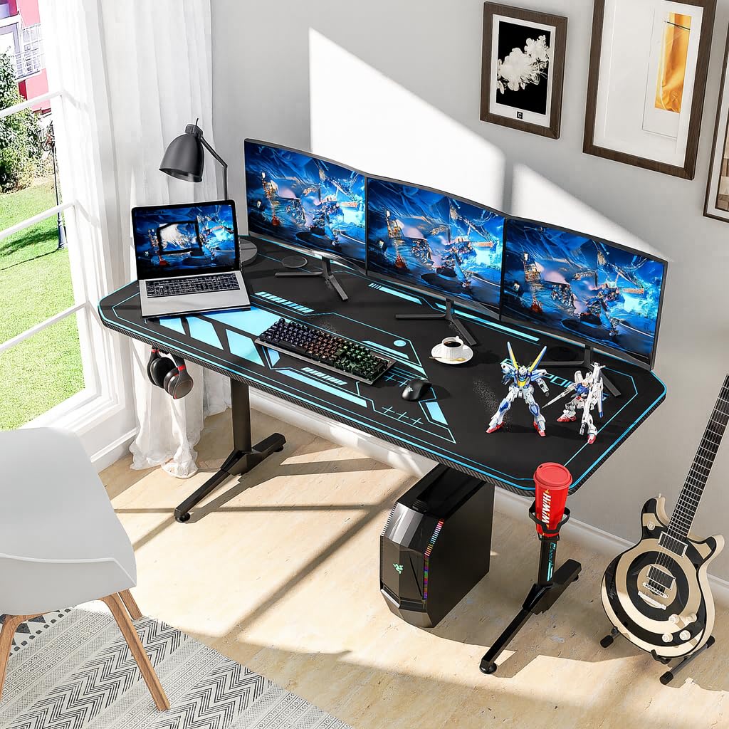 Himimi Bureau Gaming 160x75 cm, Bureau Gamer Ergonomic Informatique, Table Gaming en Fibre de Carbone, Gaming Desk pour à Domicile avec Grand Tapis de Souris Porte Gobelet Casque & Poignée de Jeu,Noir