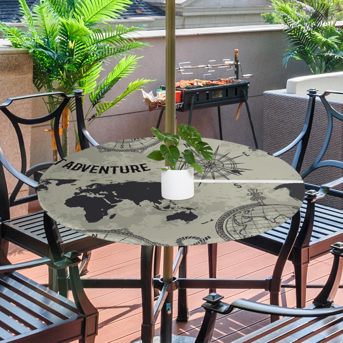 XMNYGJ World Map Compass Round Fitted Tablecloth with Umbrella Hole Zipper for Patio Picnic Tables Elastic Outdoor Table Cover Waterproof and Stain Resistant 45-56 Inch