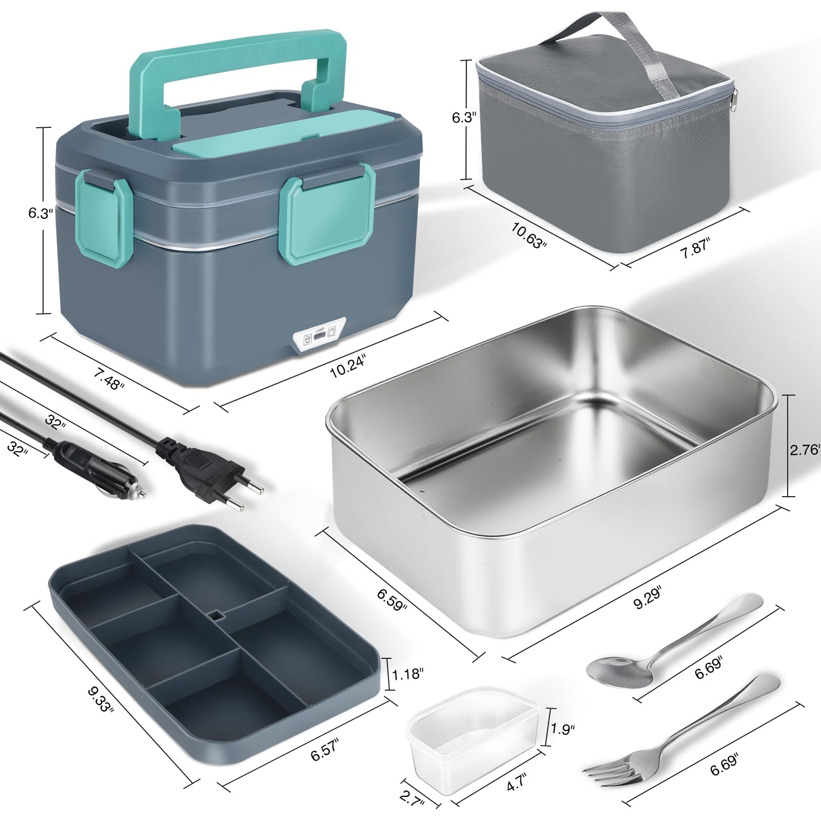 Contenitore Pranzo Elettrico Riscaldato Da 3L – Portatile 90W Per Auto, Camion E Ufficio, Doppio Strato In Acciaio Inox, Include Posate Grandi (Grigio Scuro) - 2