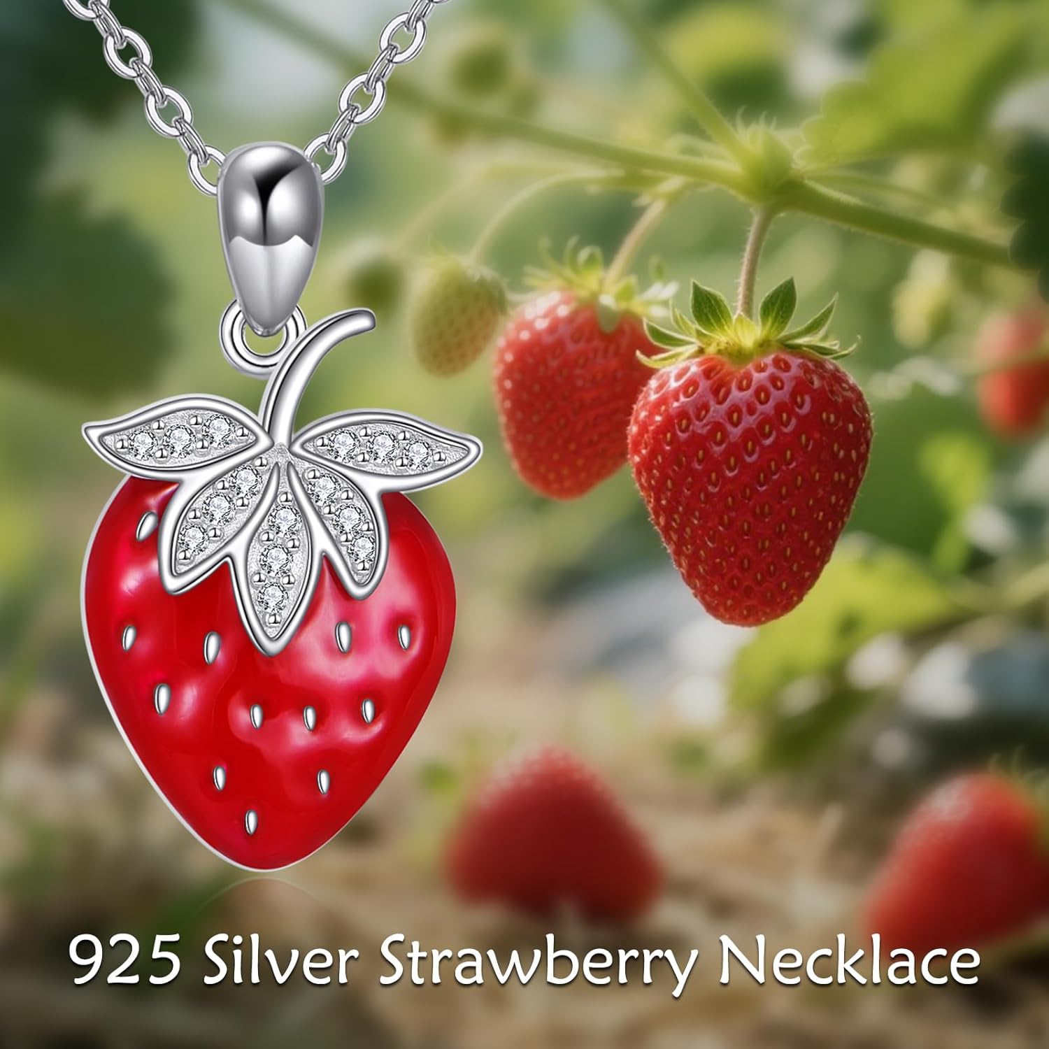 URONE Strawberry/Apple Necklace 925 Sterling Silver Strawberry/Apple Pendant Necklace Fruit Jewelry Gifts for Women - Image 6
