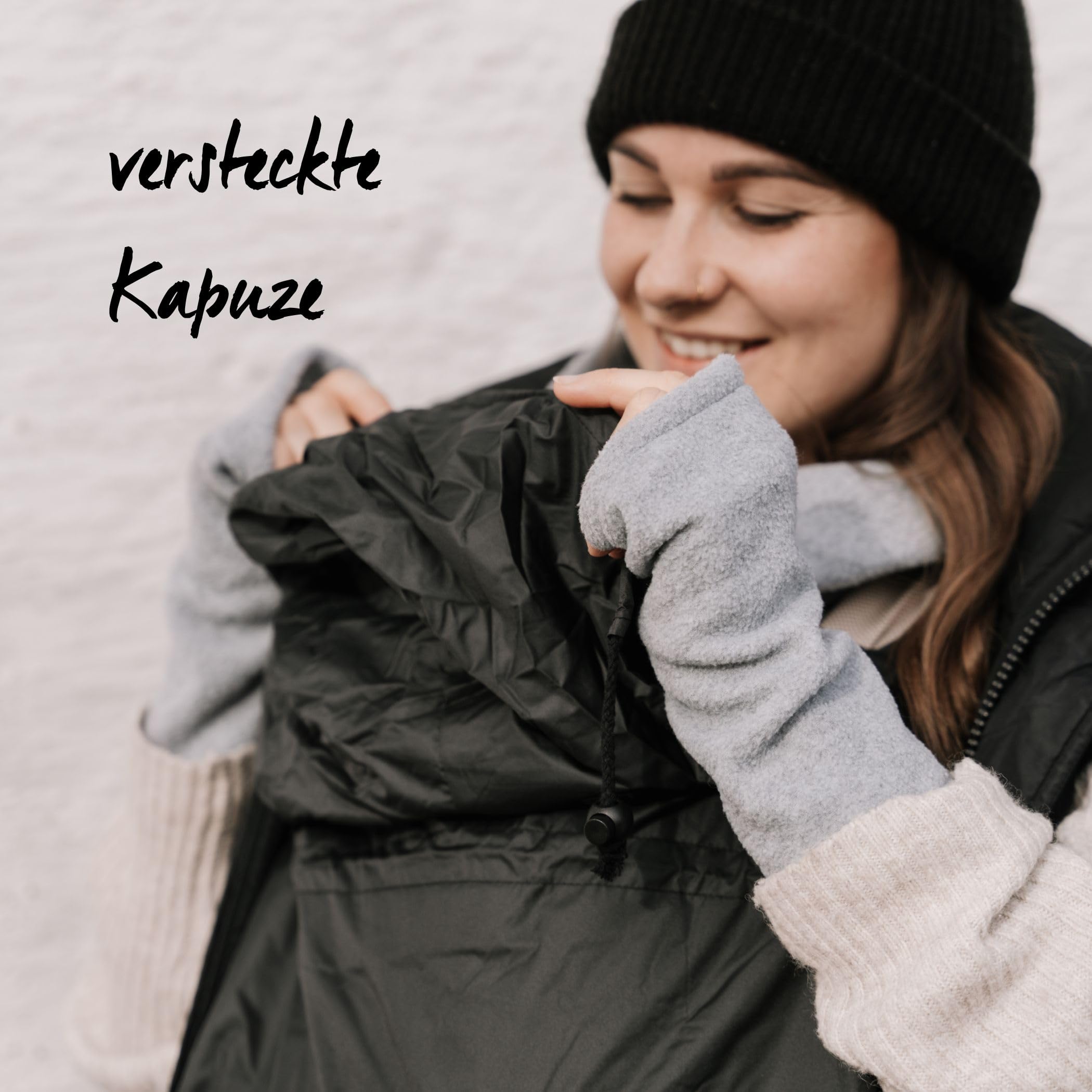 Hoppediz Fleece-Cover 3-in-1 Tragecover, stone | Wärmend und universal, mit Regenschutz, Schalkragen und Handwärmer, für Babytrage und Tragetuch