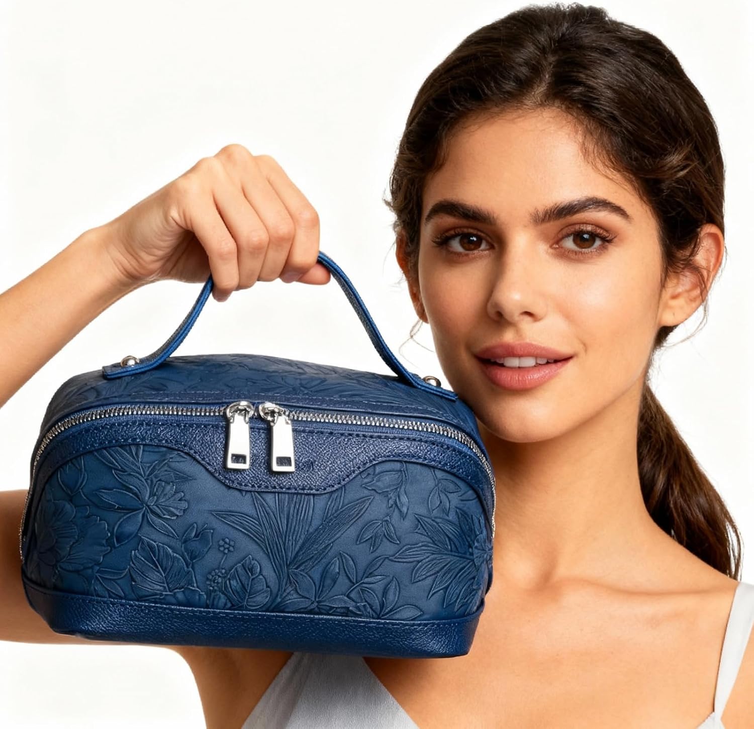 Travel Makeup Bag for Women PU Leather Cosmetic Organizer Toiletry Bag Large Capacity Wide Open Portable Storage Pouch with Divider & Handle (Dark Blue)