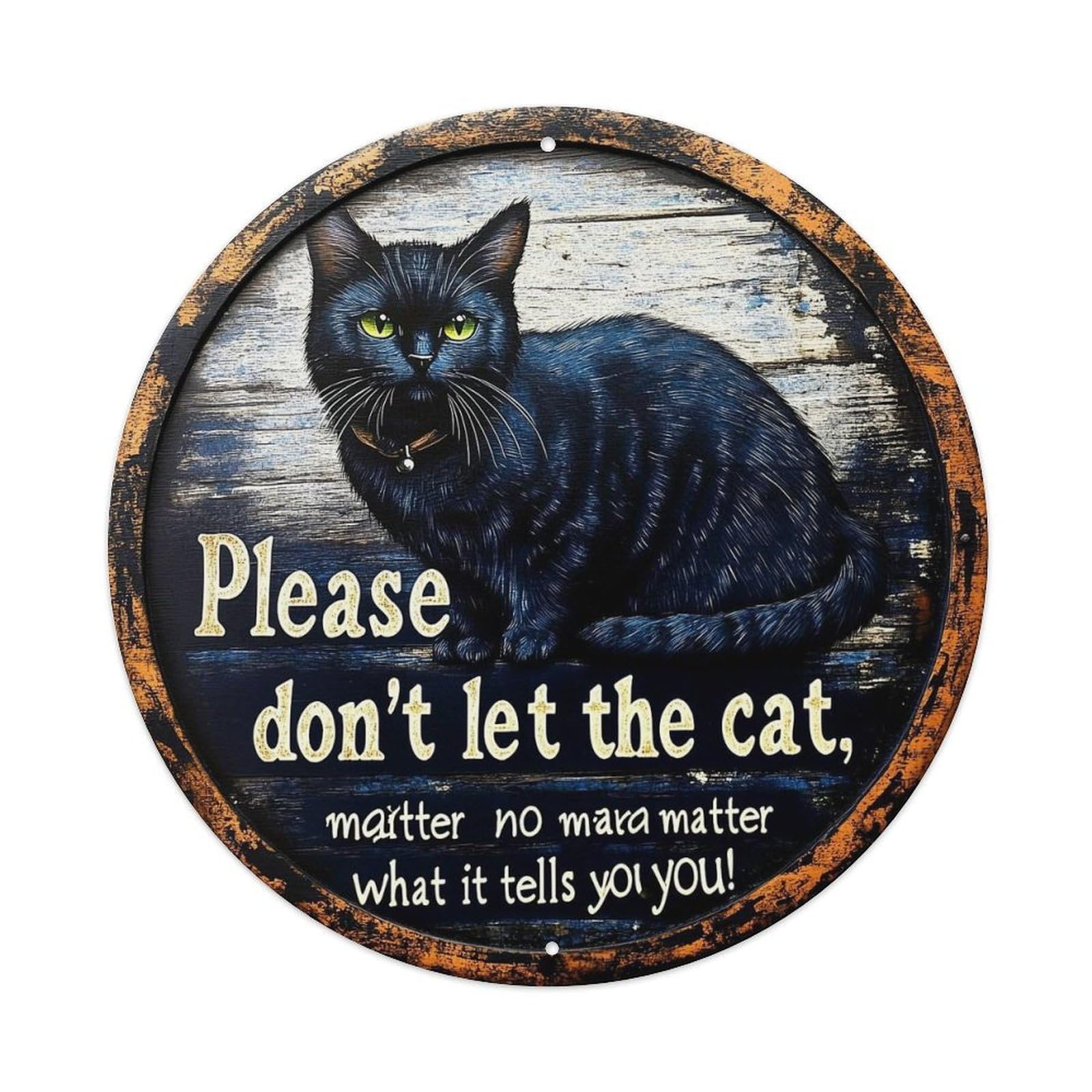 Black Cat With Green Eyes On Wood Background Metal Tin Sign Plaque