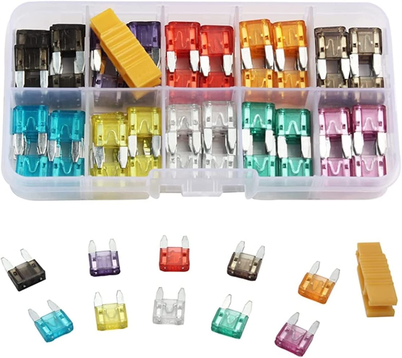 100 Uds. Fusibles for coche 2A 3A 5A 7.5A 10A 15A 20A 25A 30A 35A Amp con surtido de Clip de caja, juego de fusibles tipo cuchilla for coche, camión