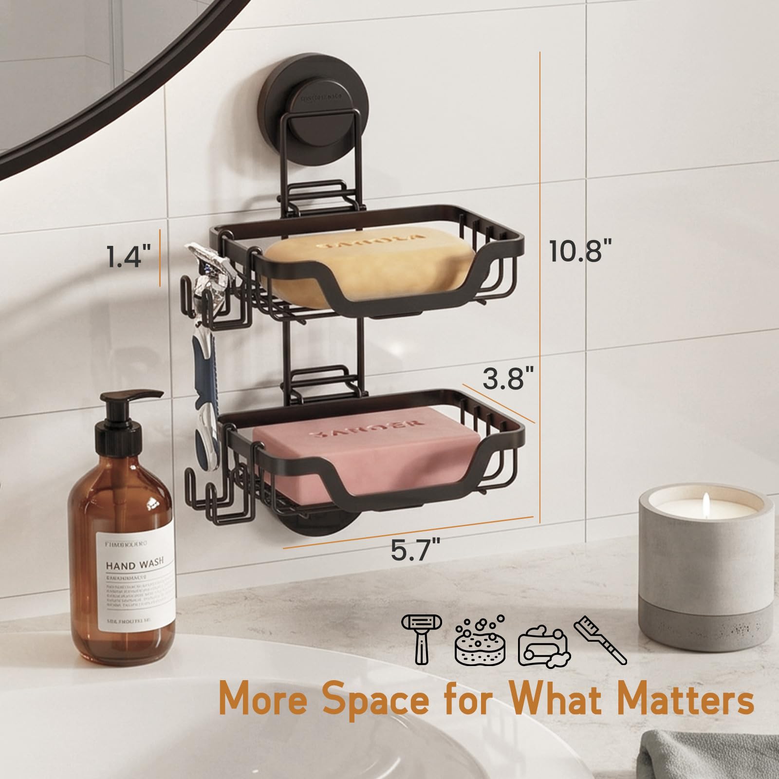 LEVERLOC Soporte de jabón de ducha con ventosa montado en la pared, jabonera de doble capa para ducha, baño, bañera y fregadero de cocina, soporte extraíble a prueba de óxido, color negro