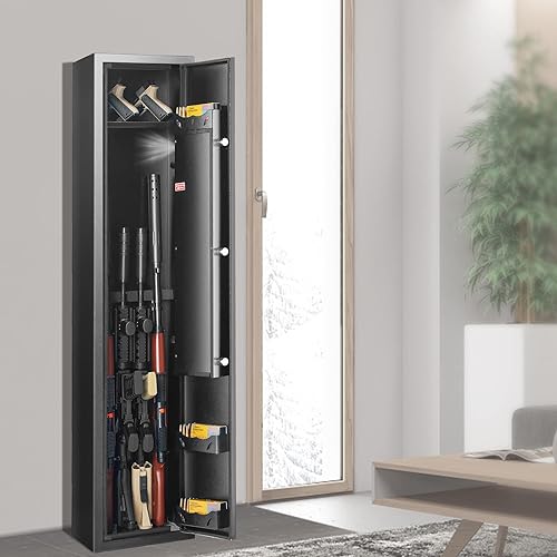 Miniatura 8 de VEVOR Caja fuerte para 5 rifles, caja fuerte para rifle con bloqueo de huellas dactilares, gabinete de almacenamiento de armas de acceso rápido con