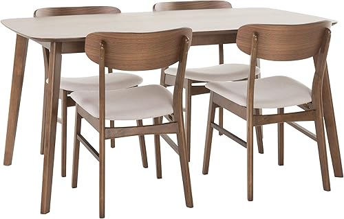 Christopher Knight Home Lucious - Juego de comedor rectangular de 60 pulgadas, juego de 5 piezas, nogal natural y beige claro