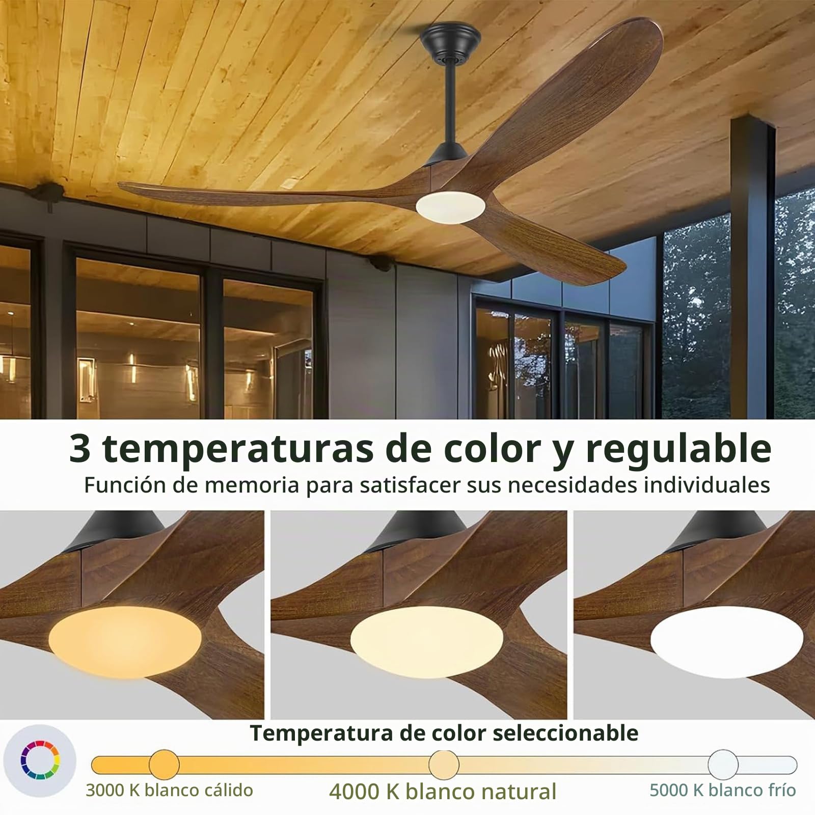 Ventilador de techo de madera de 152cm con luz, ventilador de techo de granja con motor CC reversible silencioso, ventilador de techo rústico de para exteriores para patios, pabellón, porche, cenador