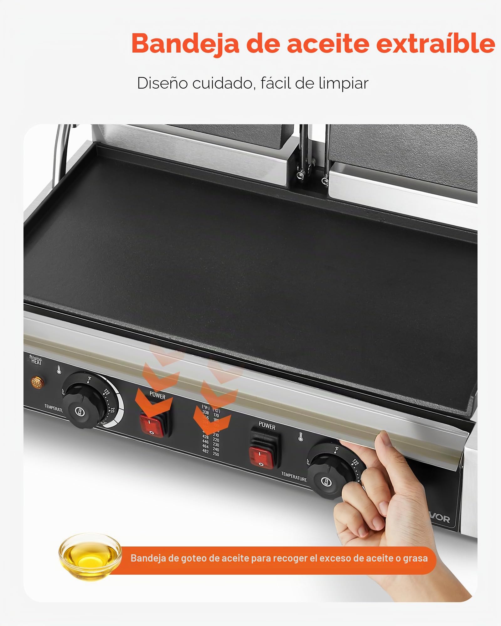 VEVOR Parrilla de Contacto Eléctrica de 3600 W, para Sándwiches, de Acero Inoxidable con Control de Temperatura, Doble Placa Plana Esmaltada de 48 x 23 cm, para Hamburguesas, Filetes y Tocino