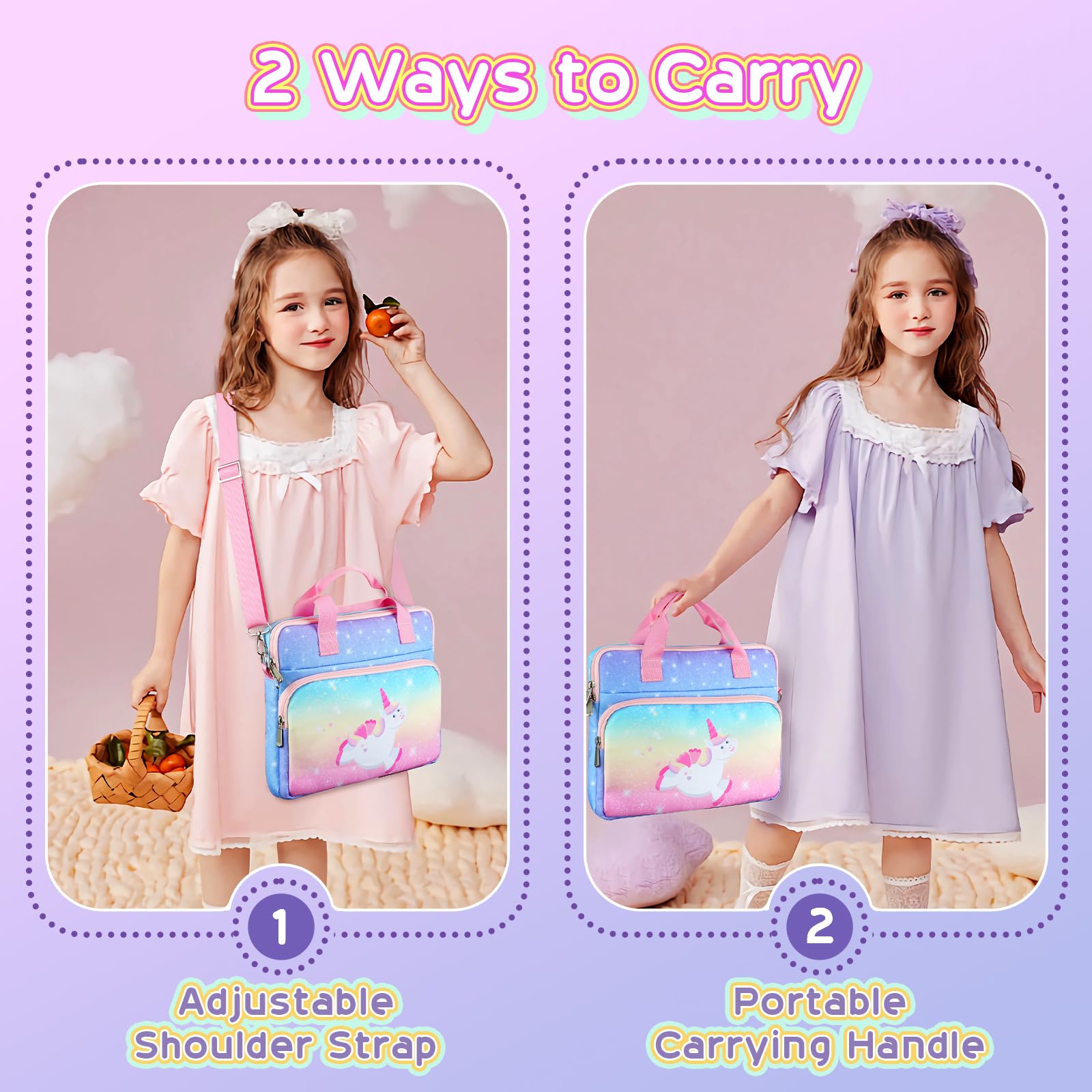 Funda para tablet para niños y niñas, bolsa de transporte para tablet de 12.5 pulgadas con correa para el hombro para fuego, Kindle, iPad, unicornio brillante 6