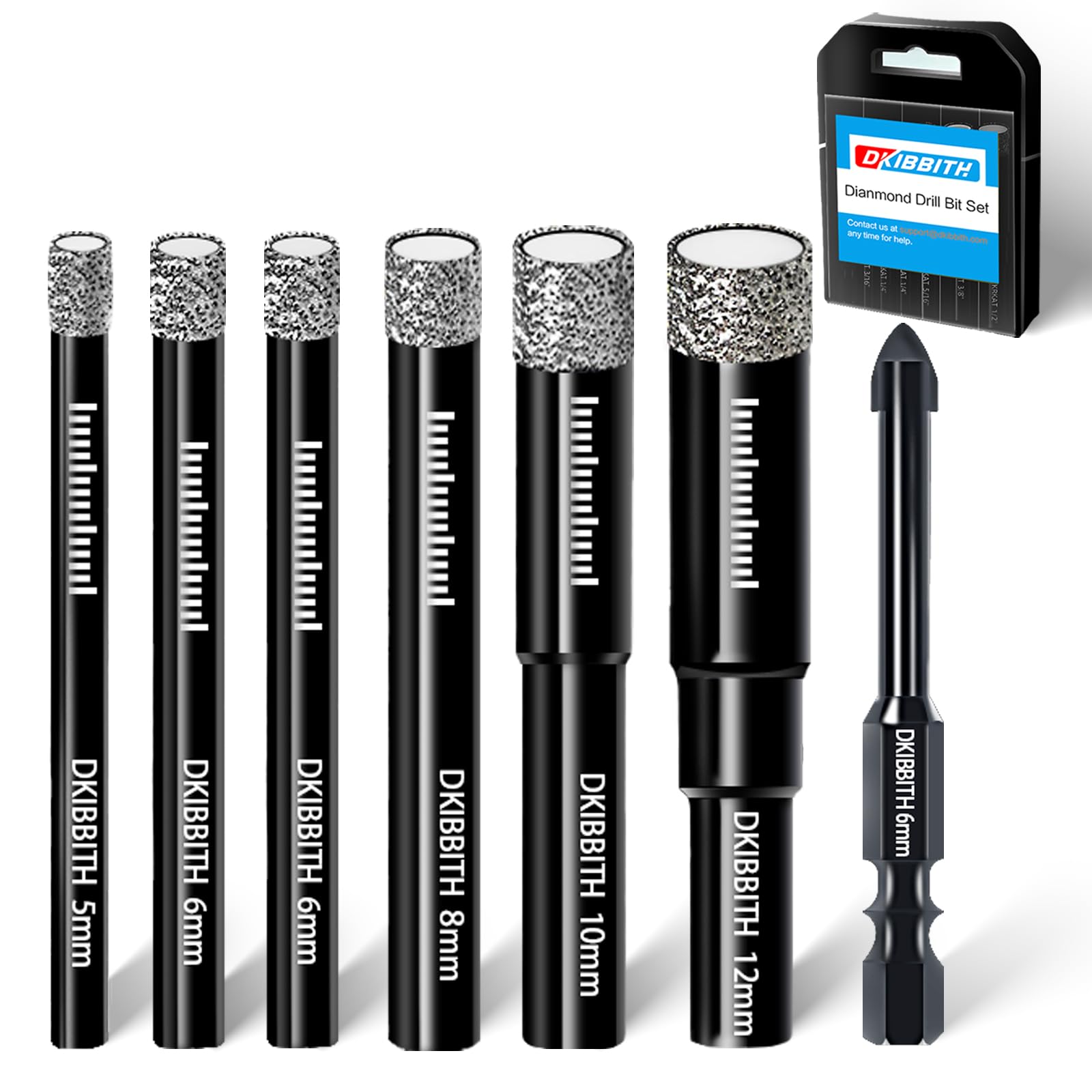 DKIBBITH 7 Pack Dry Diamond Drill Bits & Tile Drill Bits Set for Ceramic, Porcelain, Marble, Granite, Stone, Glass - Round Shank 5mm, 6mm(x2), 8mm, 10mm, 12mm+1 Pack Masonry Drill Bit 6mm.