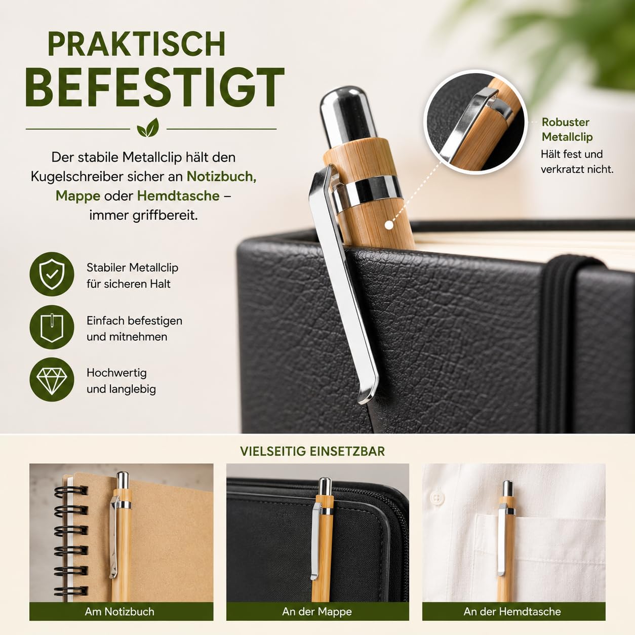 WPRO Bambus Kugelschreiber 250 Stück Set mit Druckmechanismus und blauer Mine, Bambusholz Schreibstift mit Metallclip, nachfüllbar für Büro Empfang Messe Line