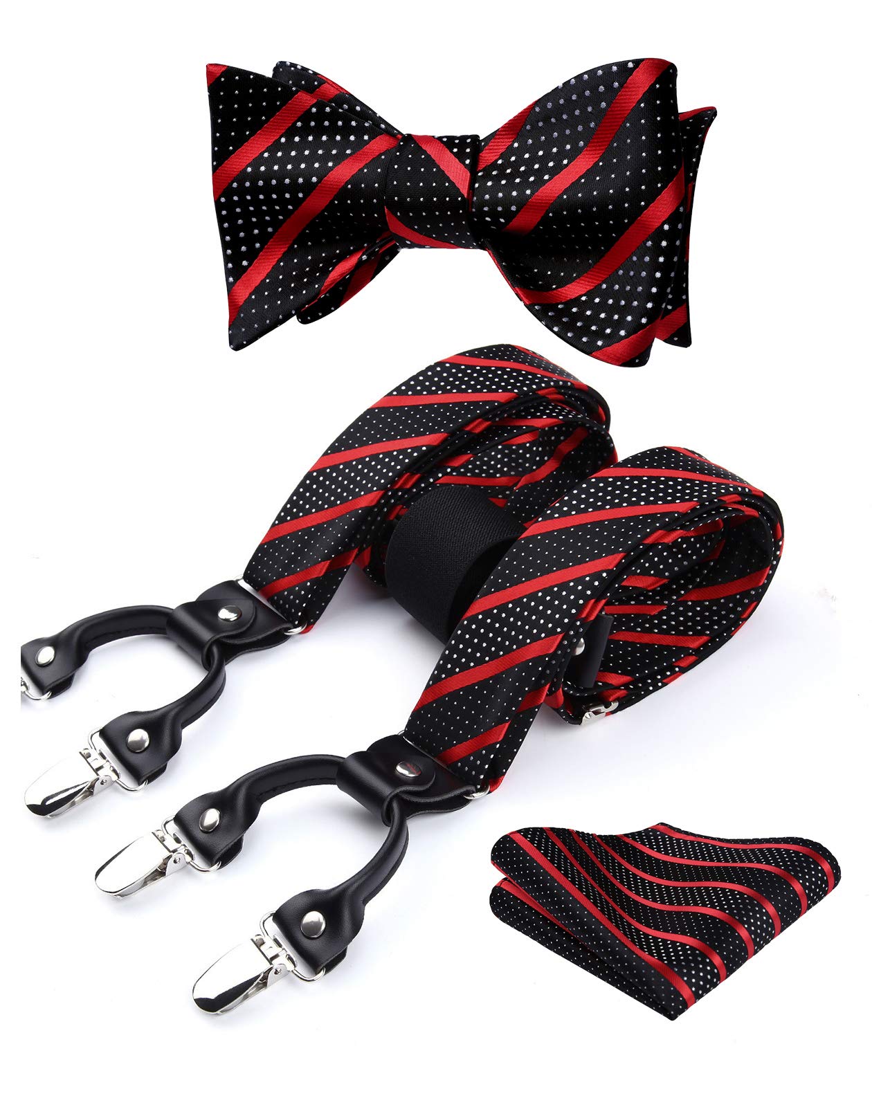 HISDERN Bow tie and Suspenders for Men Plaid Suspender Self Bowtie Pocket Square Adjustable Y Shape Mens Trouser Braces