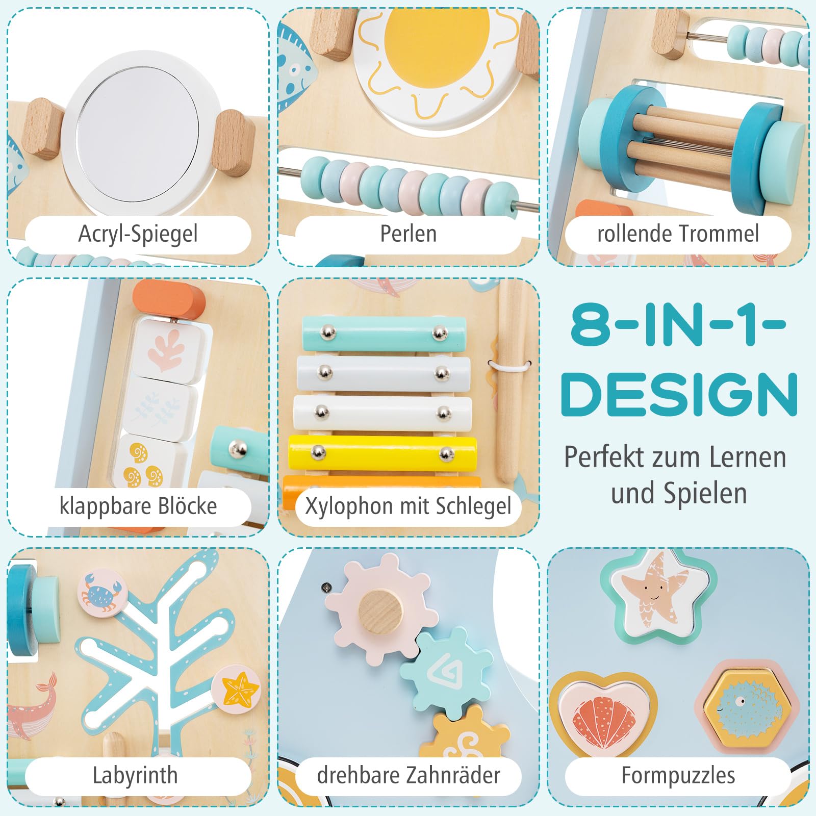 COSTWAY Lauflernwagen Holz, Baby Lauflernhilfe zum Schieben und Ziehen, Montessori Laufspielzeug mit Rädern, Laufwagen für Jungen und Mädchen ab 1 Jahr, 35 x 33 x 47 cm (Meer-Blau)