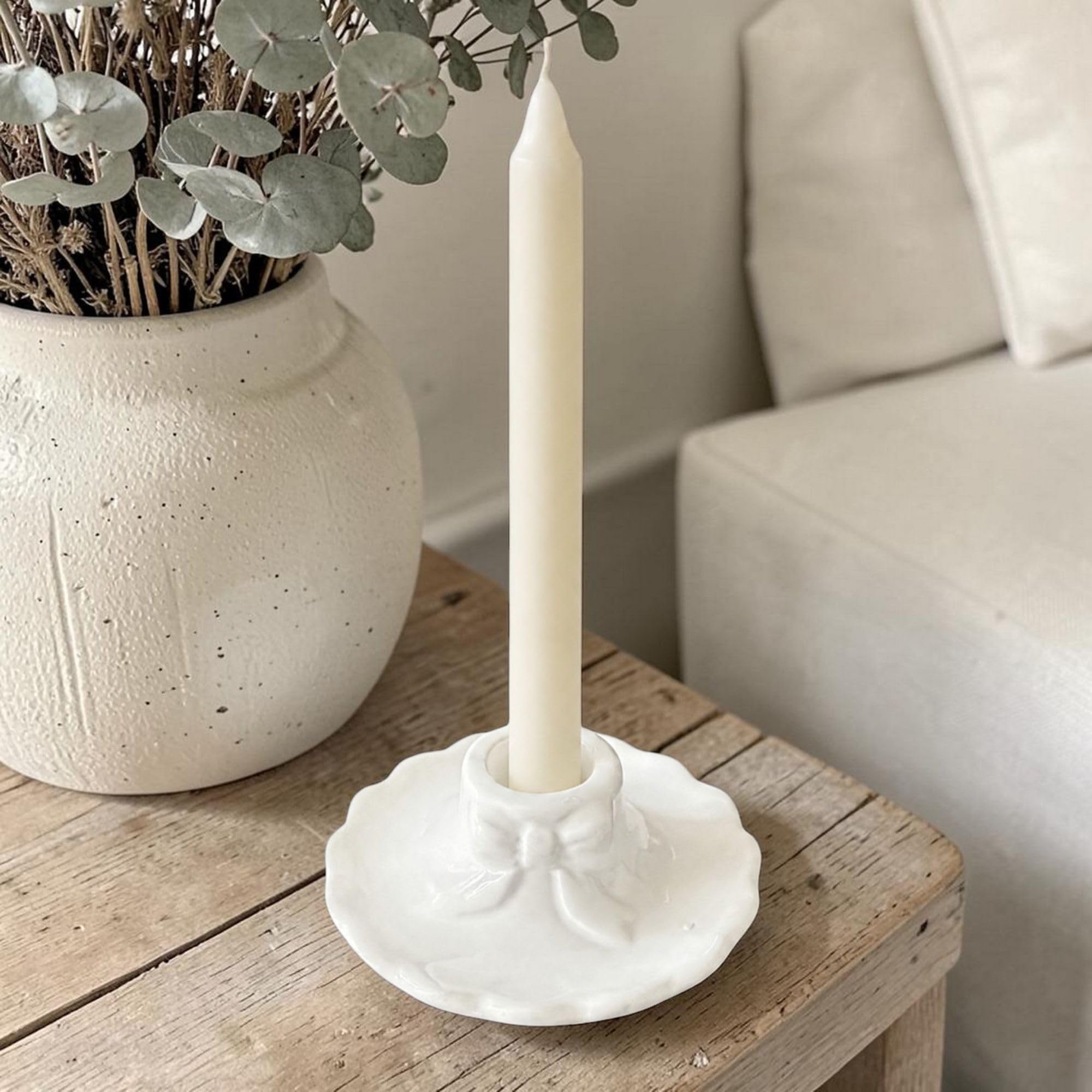 White Ceramic Candle Holder with Bow Detail, Taper Candle Holder
