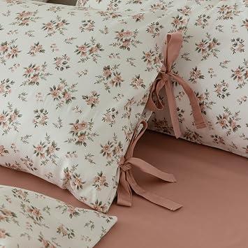 Pink Flower Pillowcases 2 Pieces Floral Bed Pillow Shams with Elegant Bow Ties-100% Cotton Standard Queen Pillow Covers for Girls,Soft,Luxury,Comfortable (2026,2 Pieces)