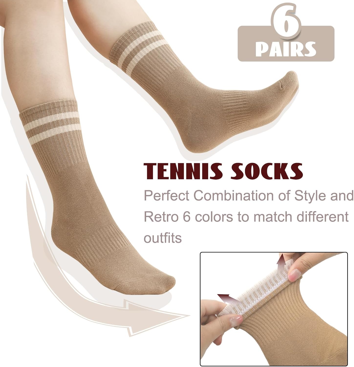 Jspupifip 6 Pairs Striped Crew Socks for Women, Cute Casual Cotton Retro Athletic Tube Sock for Running Tennis Sport Office Home School - Image 2
