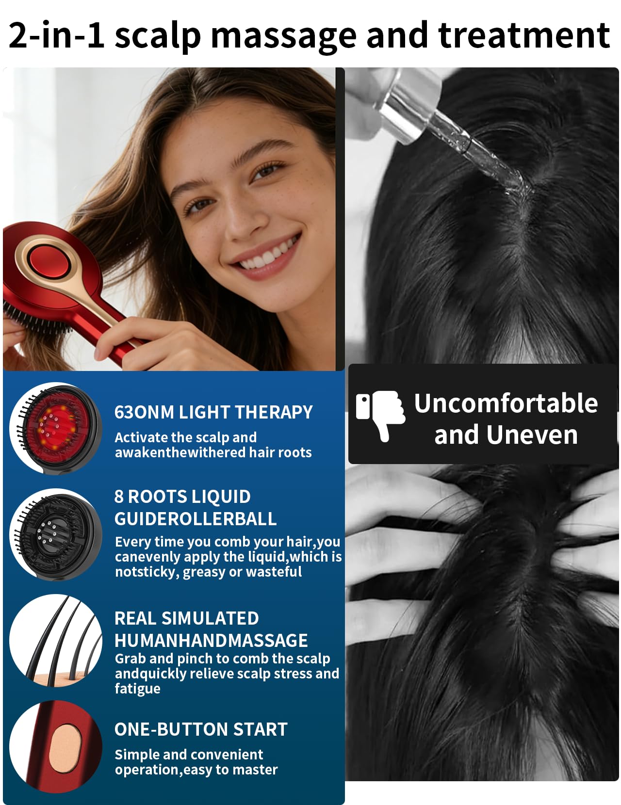 Kopfmassagegerät, 2 in 1 Kopfhaut Massagebürste Elektrisch mit Haaröl-Applikator, Rotlicht Kopfmassage Bürste Elektrisch, 3 Modi zur Massage und Kopfhautpflege (Rot)
