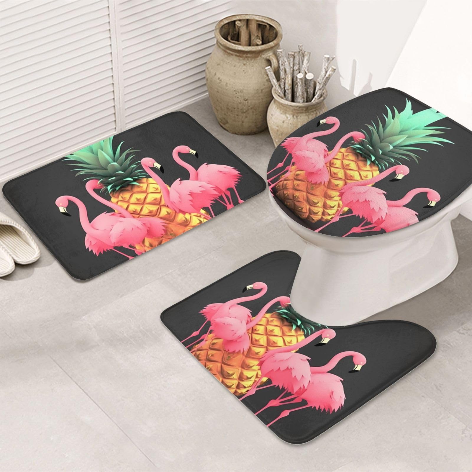 Tapis de salle de bain lot de 3 ultra doux absorbant et antidérapant avec motif ananas chic
