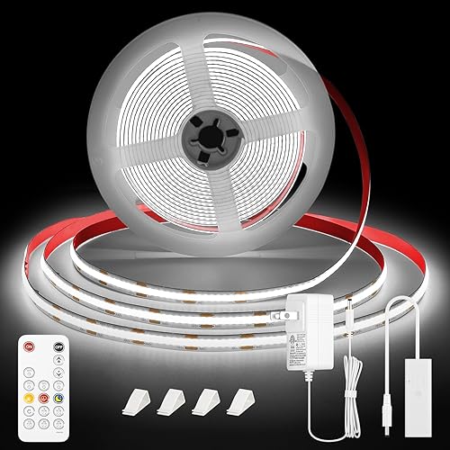 COB LED Strip Light, 16.4ft 6000K Dimmable Indoor COB Strip Lights, Flexible Super Bright LED Strips, LED Light Strips with Remote, for Stair, Cabinet, DIY Lighting (Cool White)