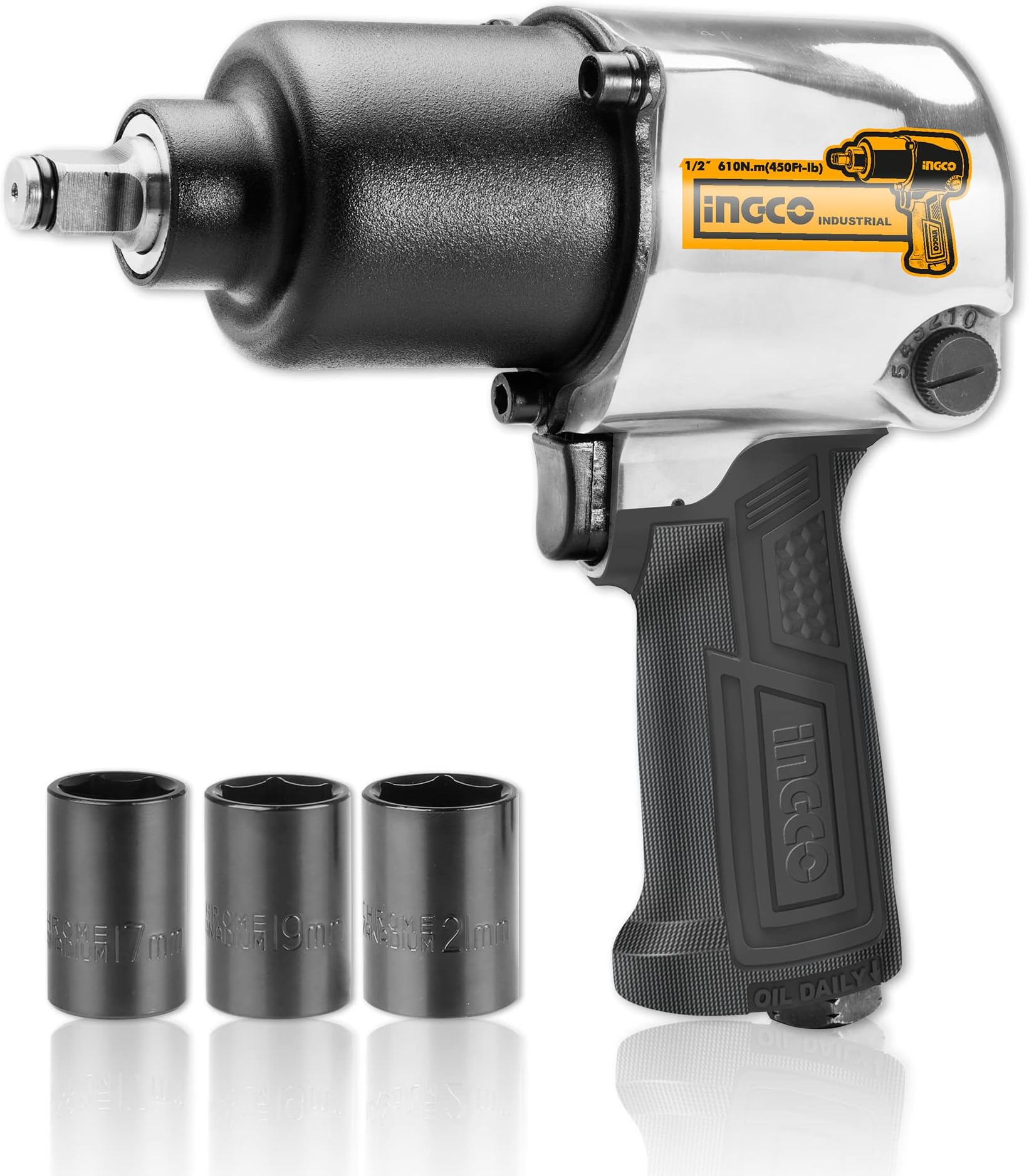 Ingco Air Impact Wrench, 7000 Rpm | 610Nm | 2 Hammer Mechanism, Pneumatic Impact Wrench Tool Kit With 3 Pcs Socket, 5 Type Connector - Box End