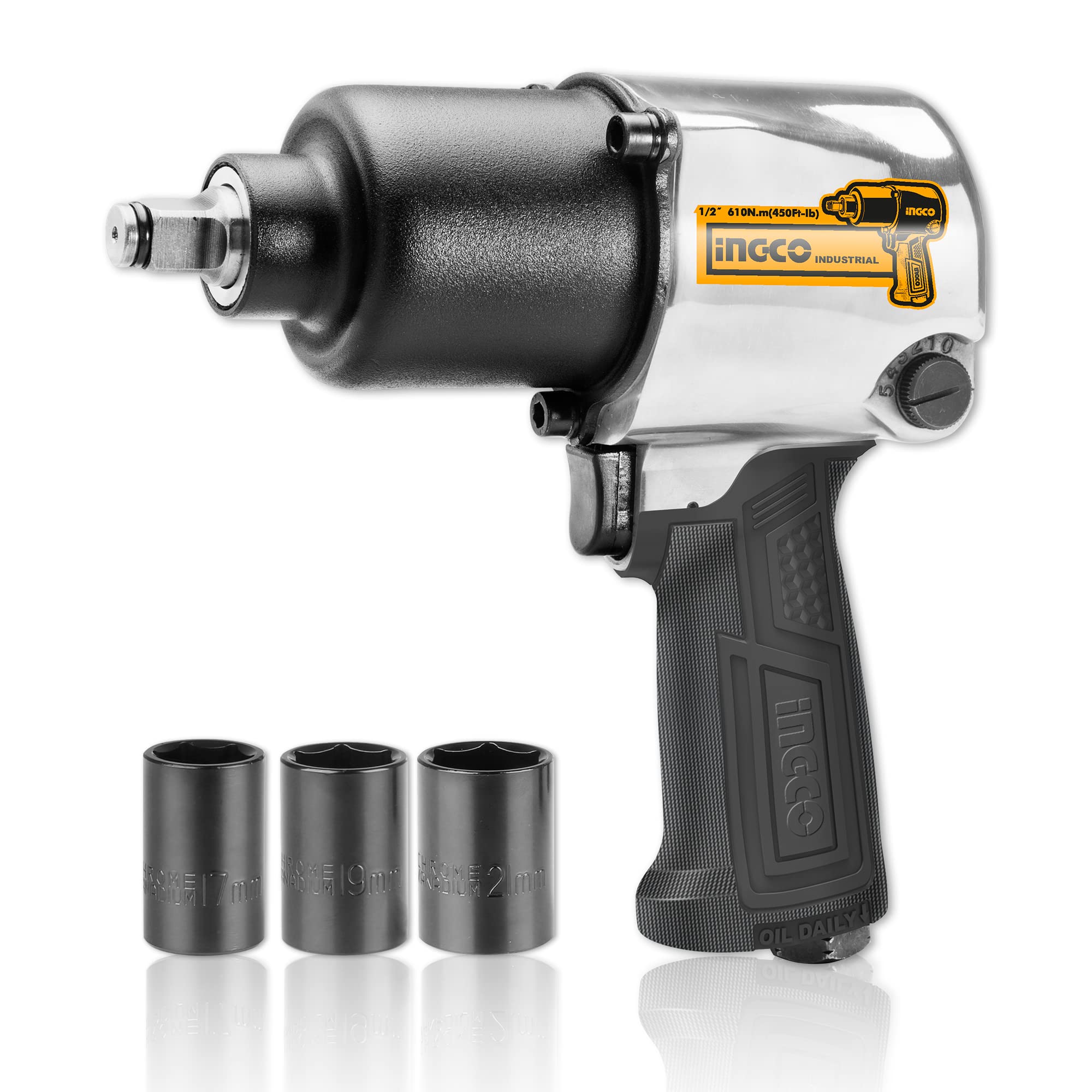 Ingco Air Impact Wrench, 7000 Rpm | 610Nm | 2 Hammer Mechanism, Pneumatic Impact Wrench Tool Kit With 3 Pcs Socket, 5 Type Connector - Box End